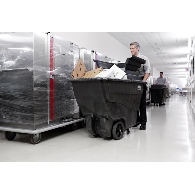 The Rubbermaid Commercial Tilt Dump Truck, Structural Foam, offers industrial strength construction to transport heavy loads up to 450 lbs.