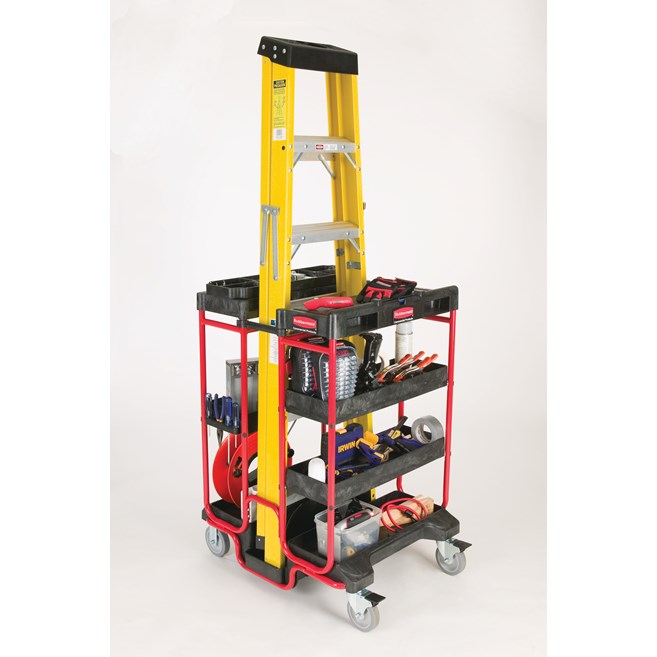 The Rubbermaid Commercial Ladder Cart provides greater mobility, enhanced access, safe ladder handling, and minimal storage requirements.