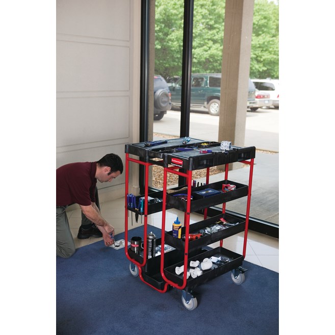 The Rubbermaid Commercial Ladder Cart provides greater mobility, enhanced access, safe ladder handling, and minimal storage requirements.