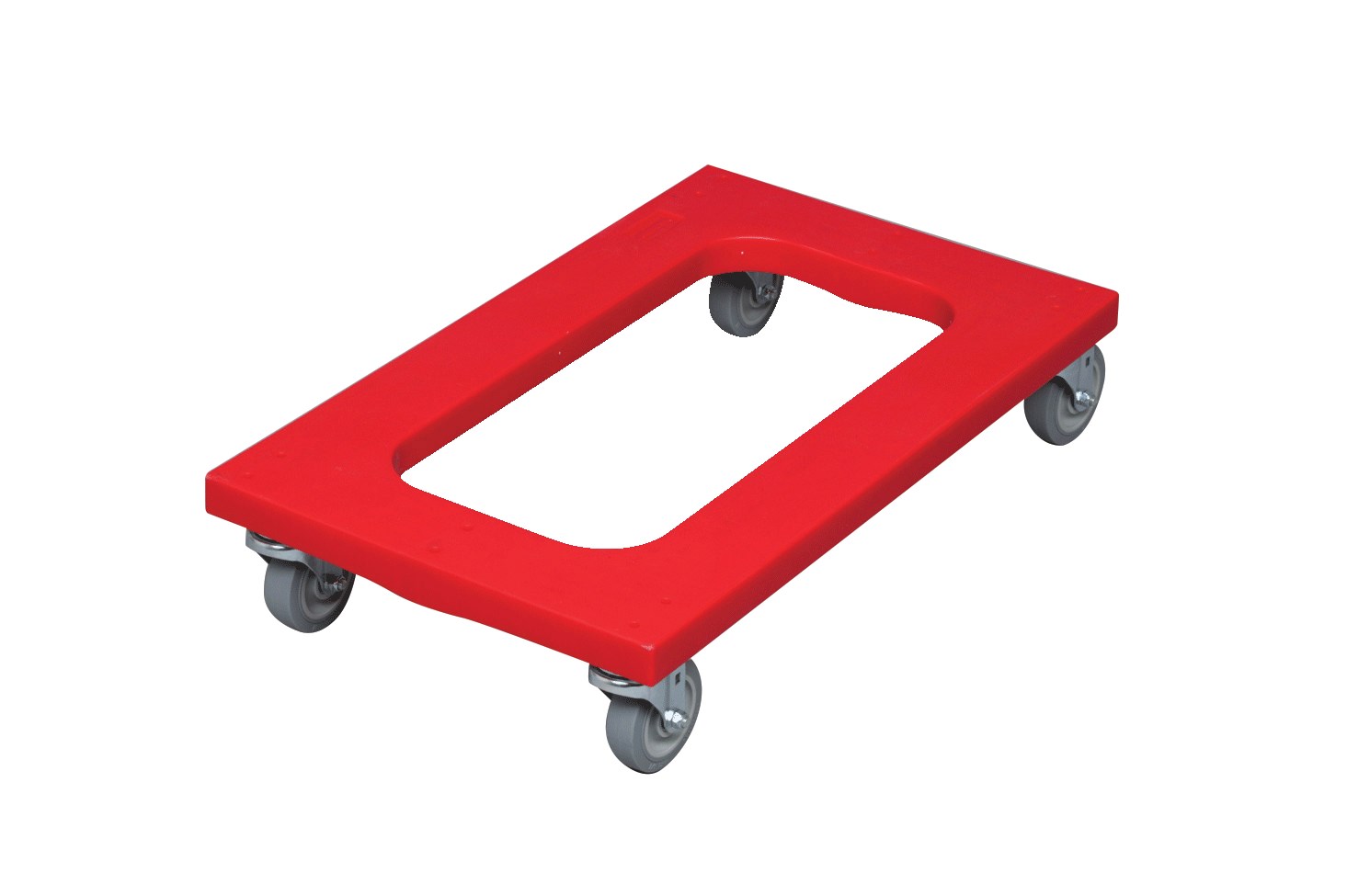 รถเข็นโพลีเอทิลีนเชิงพาณิชย์ Rubbermaid พร้อมพื้นปูด้วยโฟมสีแดง รองรับน้ำหนักได้ 1,000 ปอนด์ ให้ความแข็งแรงเพียงพอสำหรับงานเคลื่อนย้ายที่หนักหน่วงที่สุด