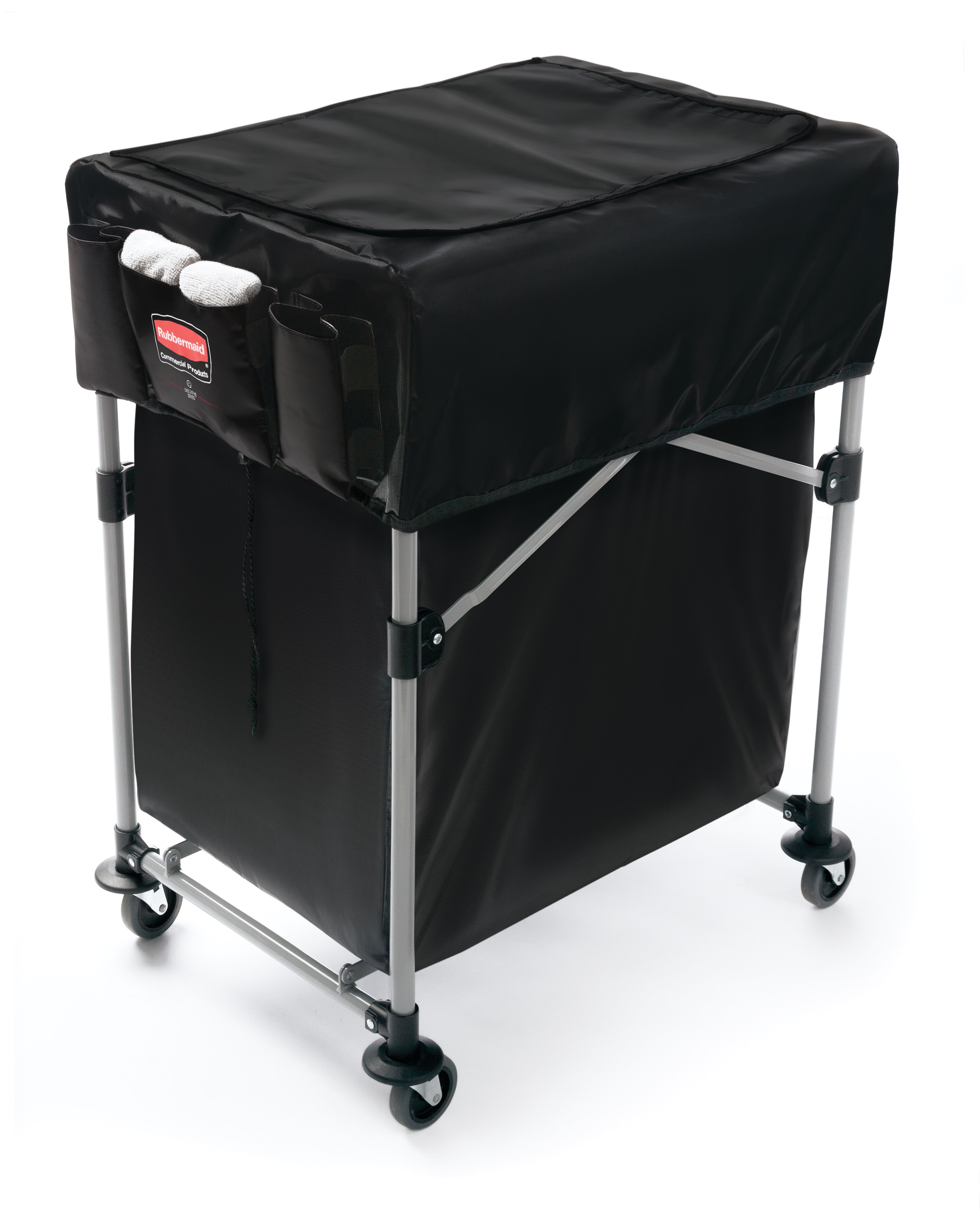 The Rubbermaid Commercial Cover for Collapsible X-Cart features multiple storage compartments to keep frequently used tools and cleaning supplies within reach.
