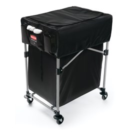 The Rubbermaid Commercial Cover for Collapsible X-Cart features multiple storage compartments to keep frequently used tools and cleaning supplies within reach.