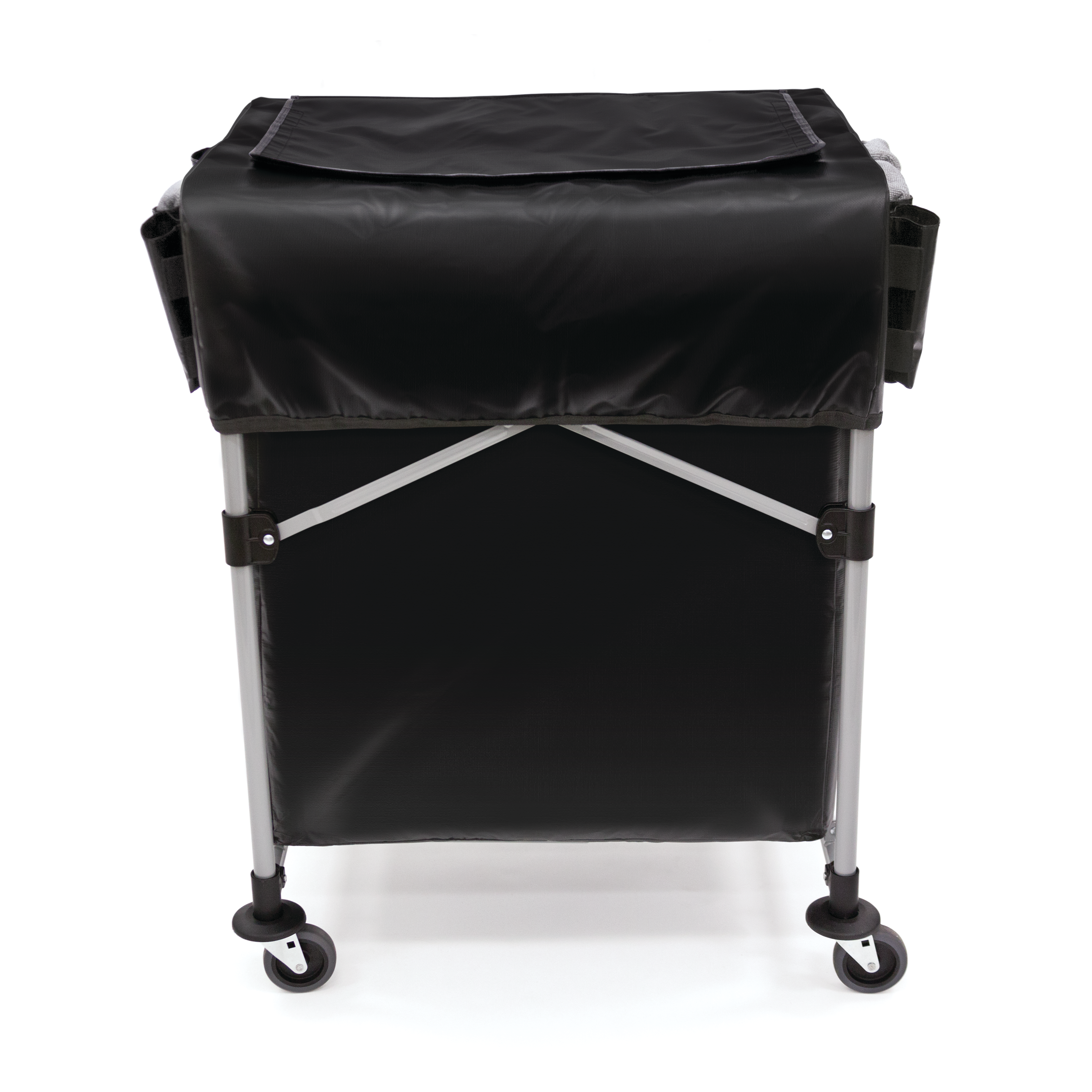 The Rubbermaid Commercial Cover for Collapsible X-Cart features multiple storage compartments to keep frequently used tools and cleaning supplies within reach.