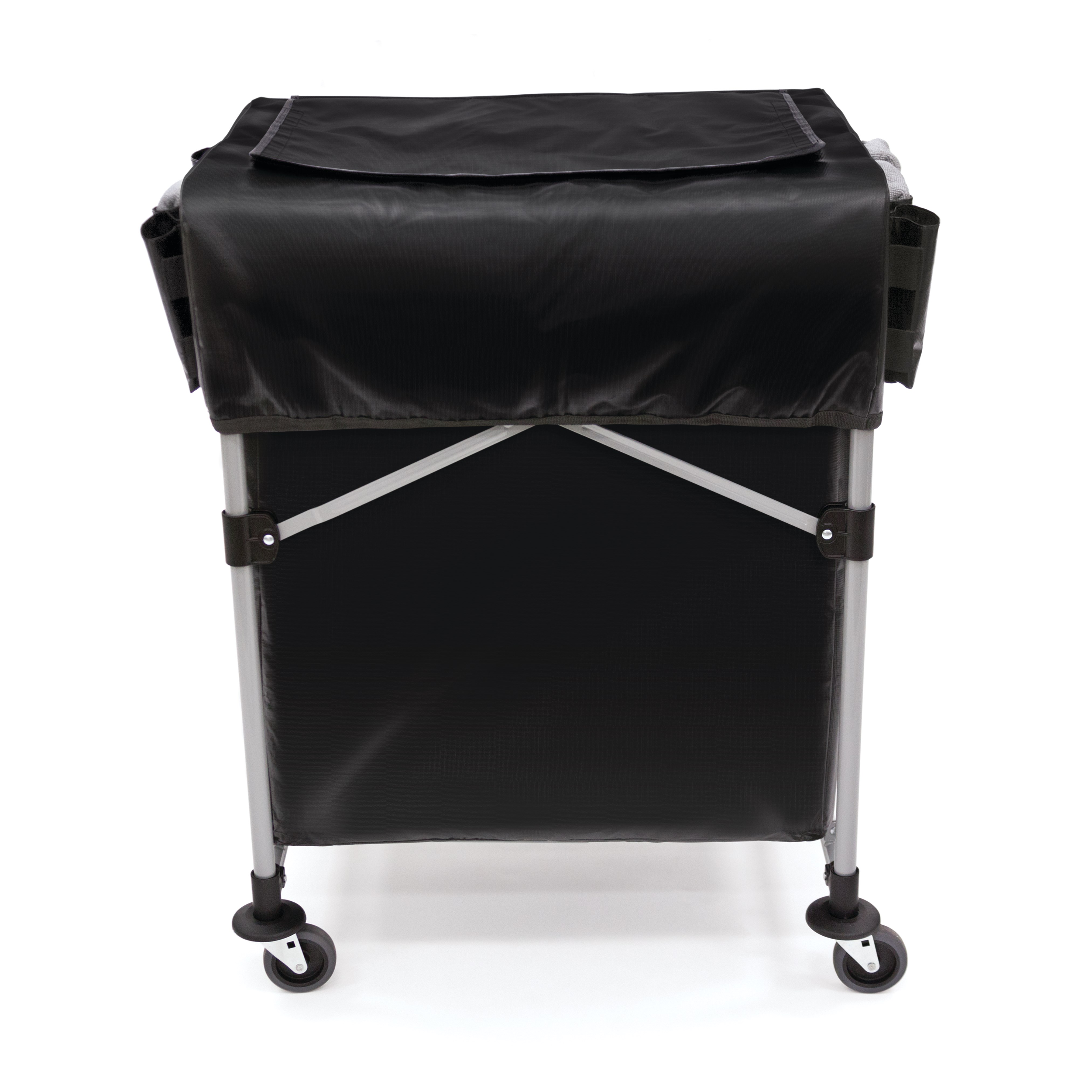 The Rubbermaid Commercial Cover for Collapsible X-Cart features multiple storage compartments to keep frequently used tools and cleaning supplies within reach.
