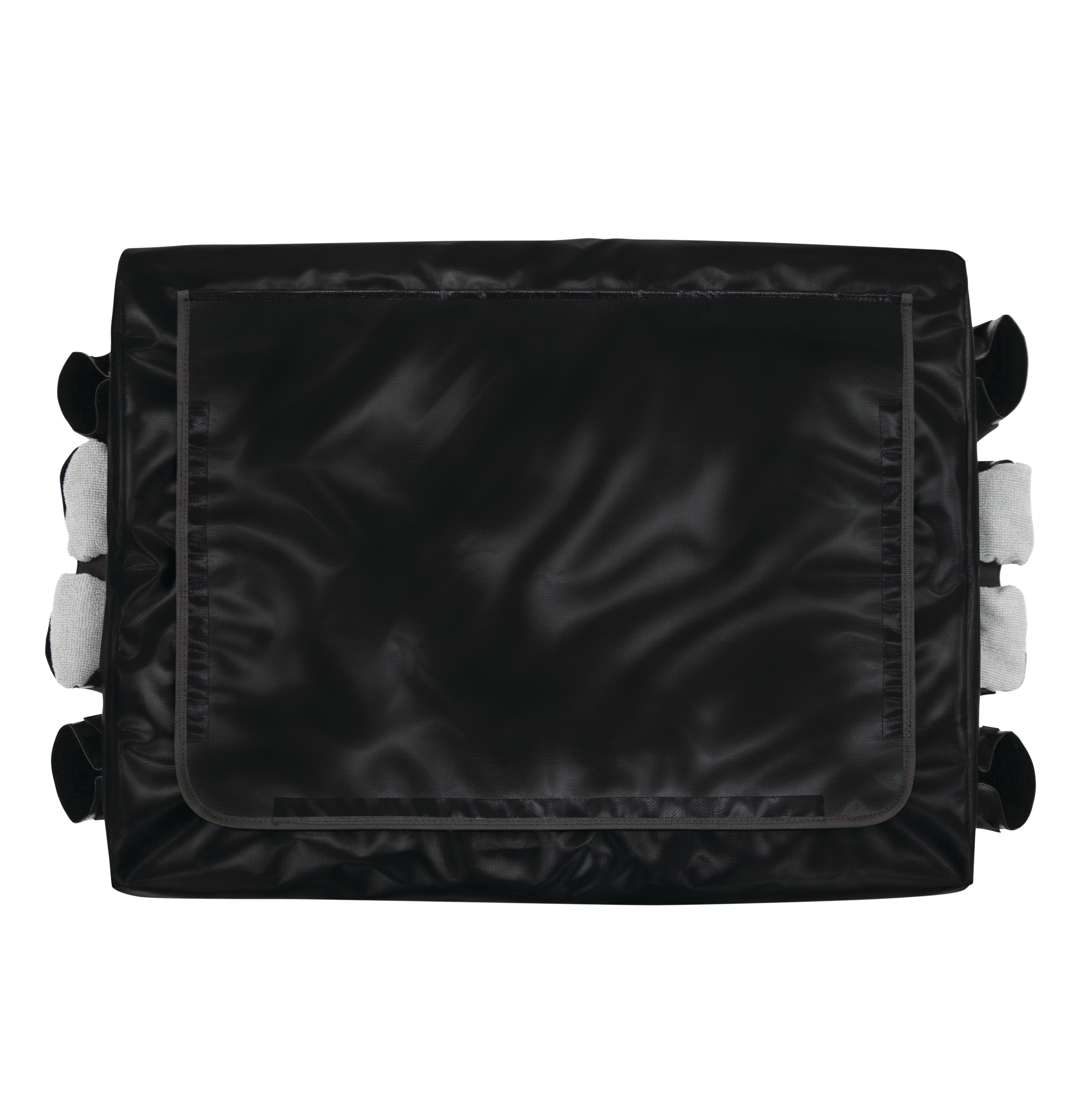 The Rubbermaid Commercial Cover for Collapsible X-Cart features multiple storage compartments to keep frequently used tools and cleaning supplies within reach.