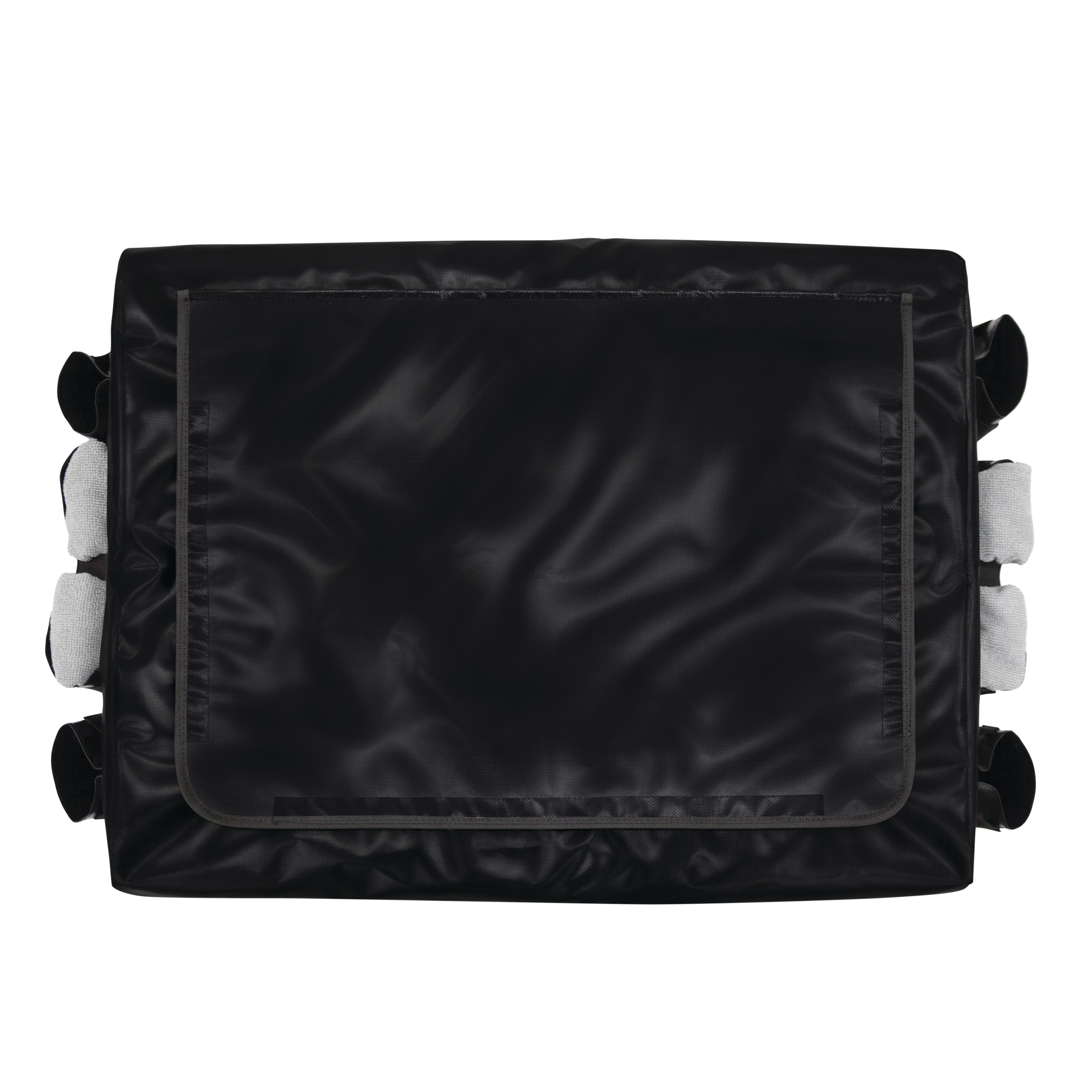 The Rubbermaid Commercial Cover for Collapsible X-Cart features multiple storage compartments to keep frequently used tools and cleaning supplies within reach.