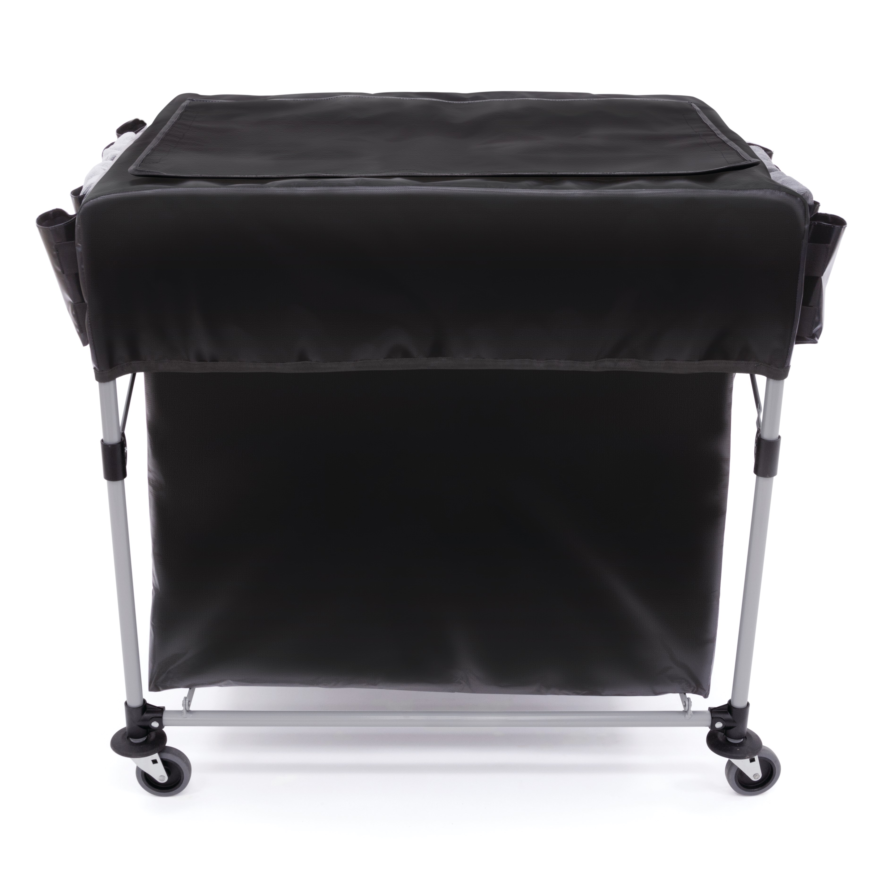 The Rubbermaid Commercial Cover for Collapsible X-Cart features multiple storage compartments to keep frequently used tools and cleaning supplies within reach.