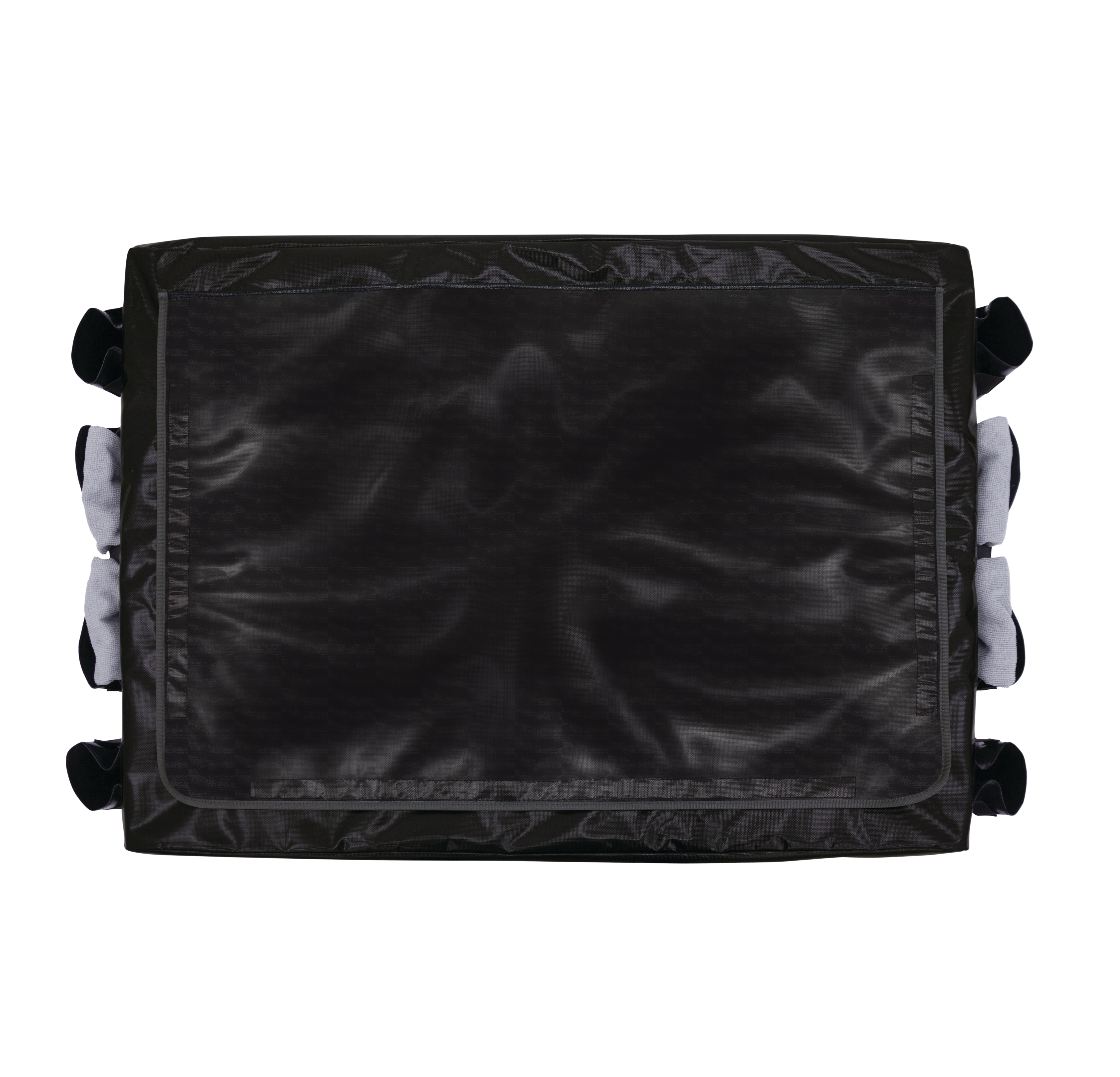 Die Abdeckung des zusammenklappbaren X-Cart-Wagens von Rubbermaid Commercial verfügt über mehrere Staufächer, um häufig verwendete Werkzeuge und Reinigungsmittel in Reichweite zu halten.