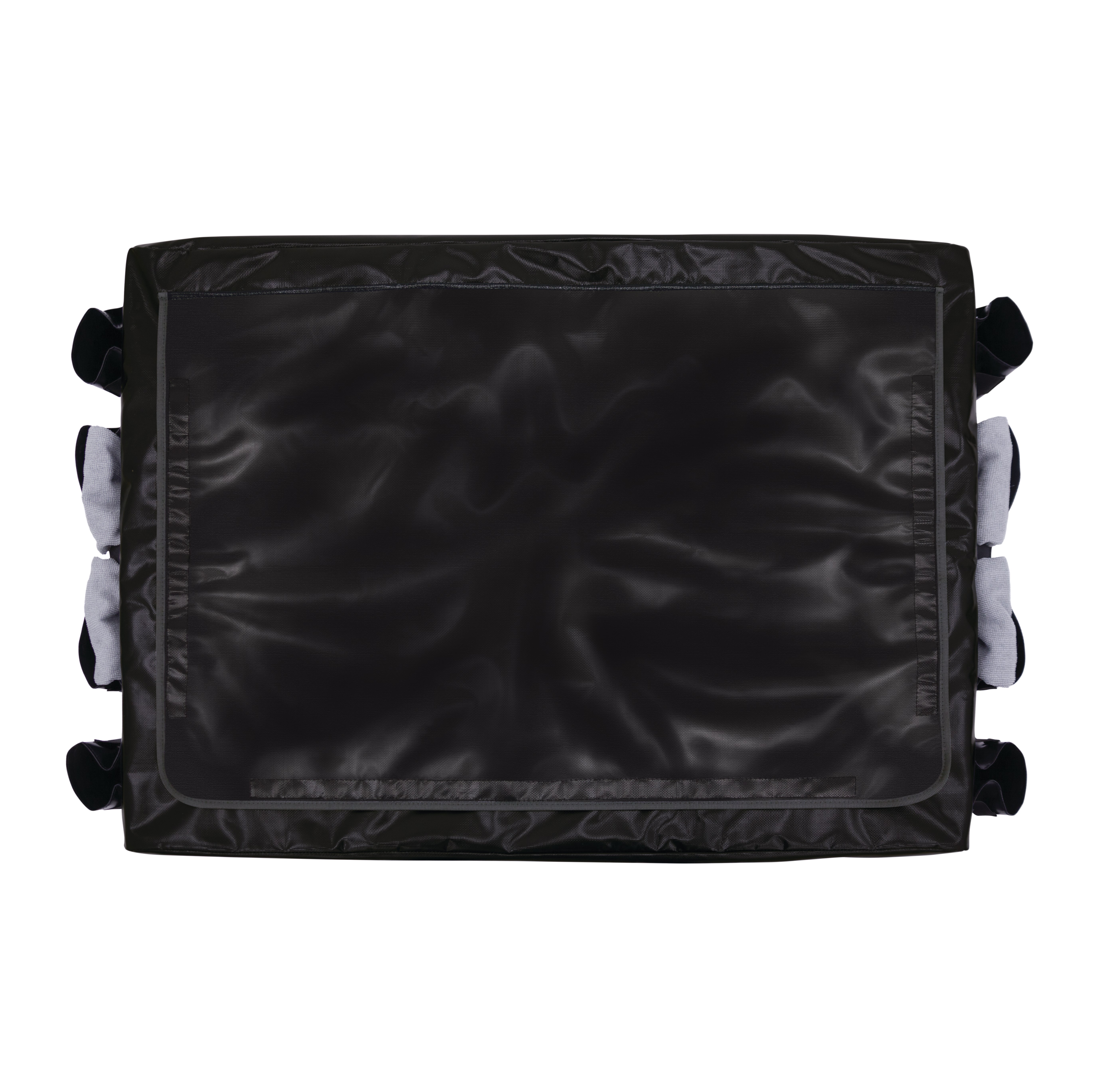 The Rubbermaid Commercial Cover for Collapsible X-Cart features multiple storage compartments to keep frequently used tools and cleaning supplies within reach.