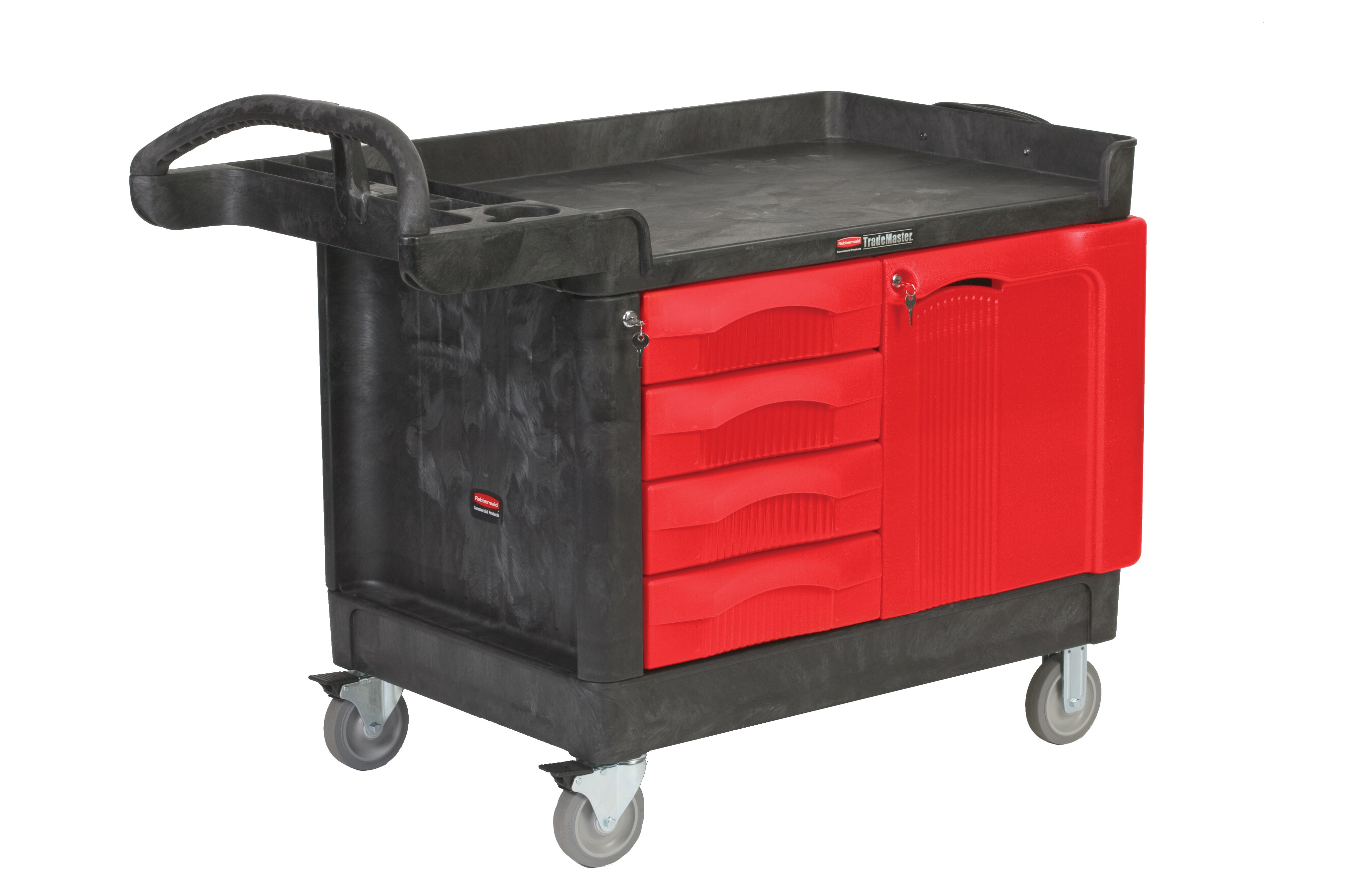 The TradeMaster Cart with 4 Drawers and Cabinet is a complete tool storage and mobile workbench system, with shelving and cabinet configurations to meet any storage needs.