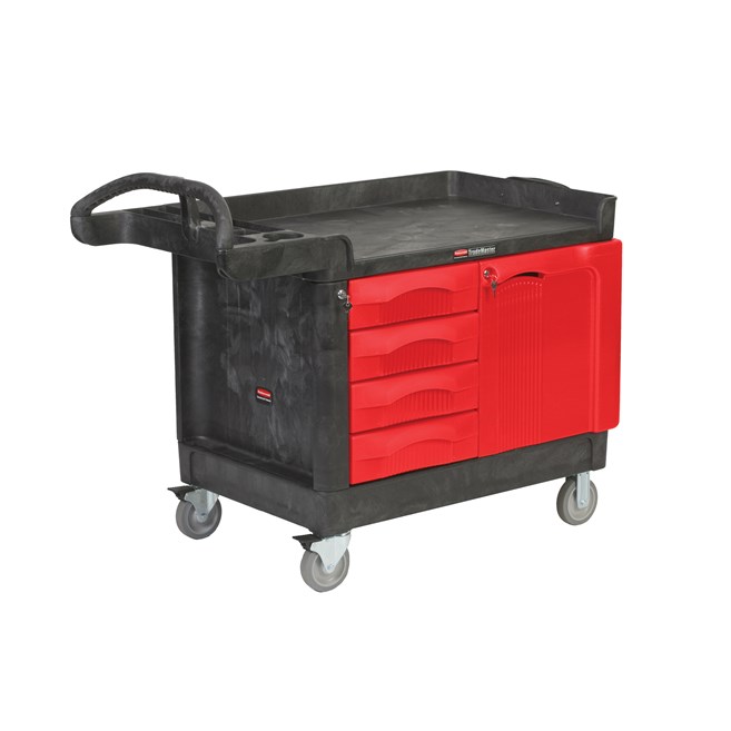 The TradeMaster Cart with 4 Drawers and Cabinet is a complete tool storage and mobile workbench system, with shelving and cabinet configurations to meet any storage needs.