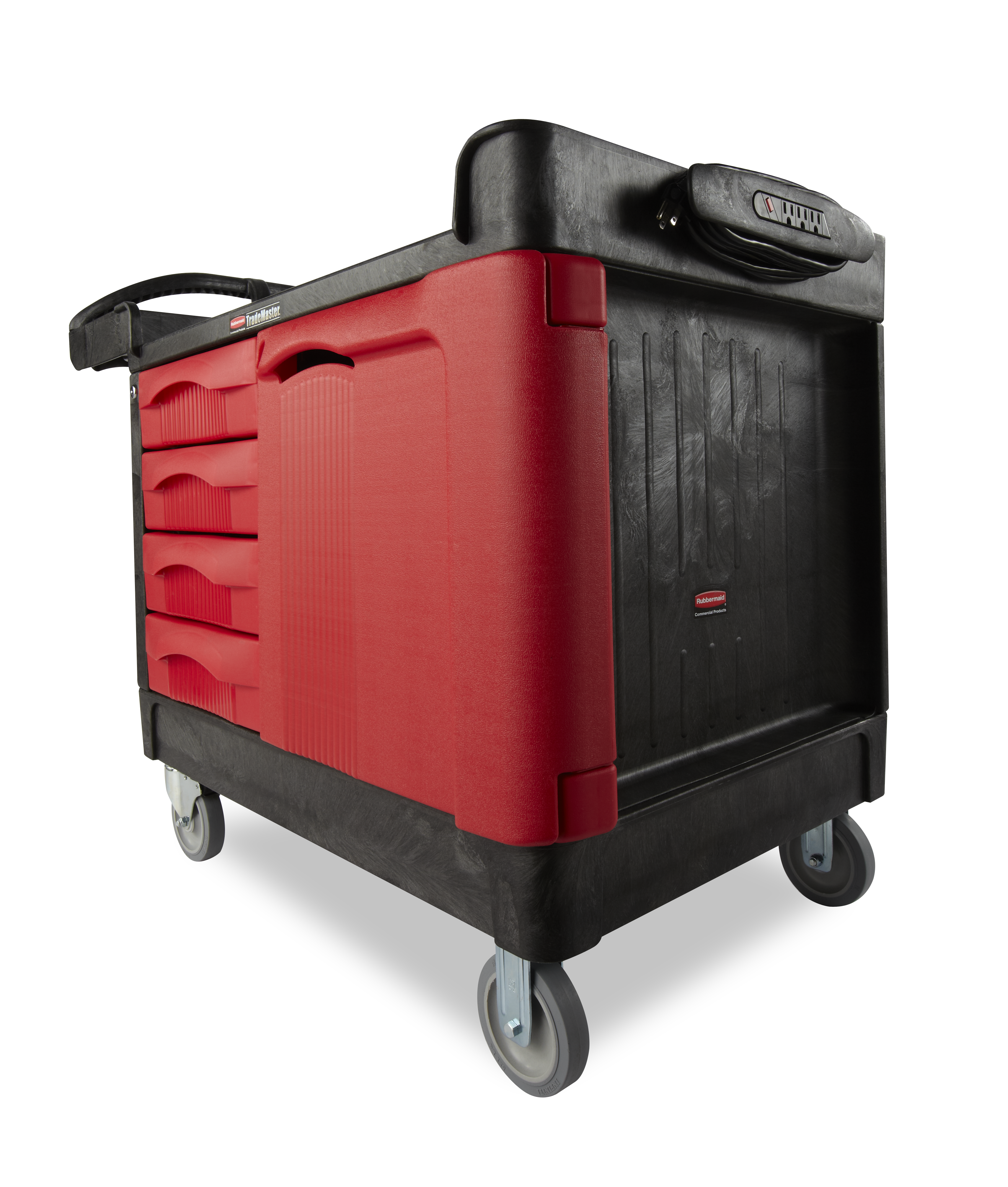 The Rubbermaid Commercial TradeMaster Mobile Work Center Utility Cart, 4 Drawer, easily transports tools and supplies where you need them.
