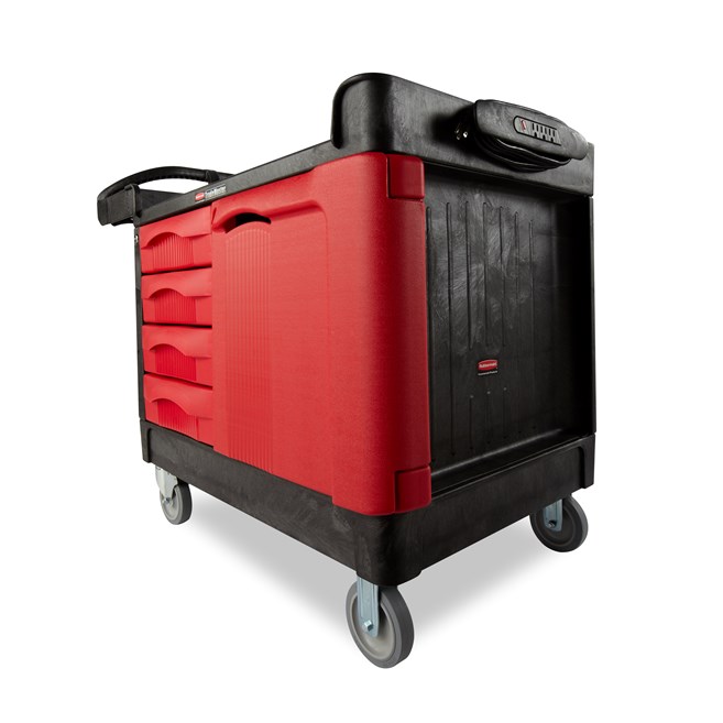 The TradeMaster Cart with 4 Drawers and Cabinet is a complete tool storage and mobile workbench system, with shelving and cabinet configurations to meet any storage needs.