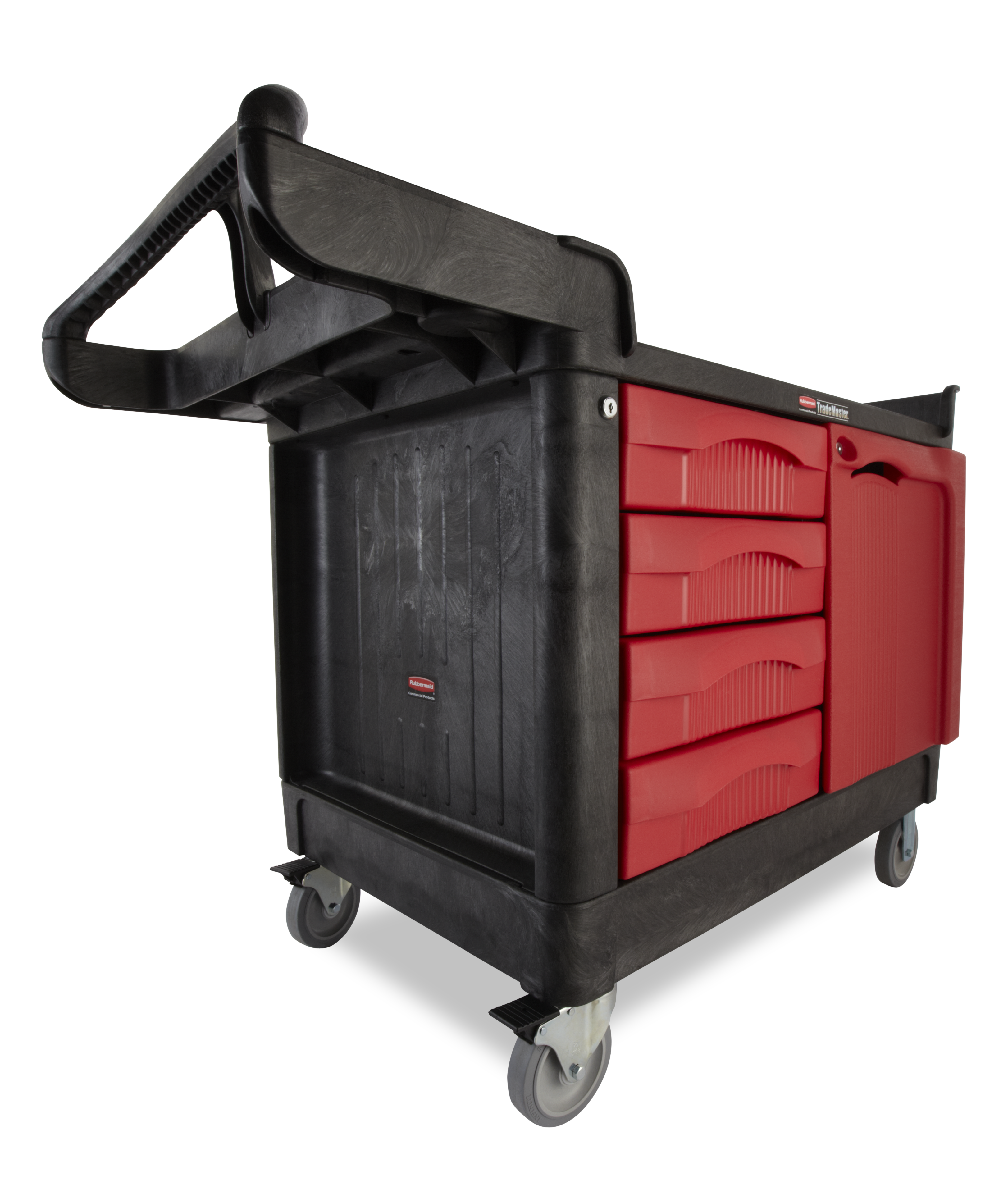 The Rubbermaid Commercial TradeMaster Mobile Work Center Utility Cart, 4 Drawer, easily transports tools and supplies where you need them.