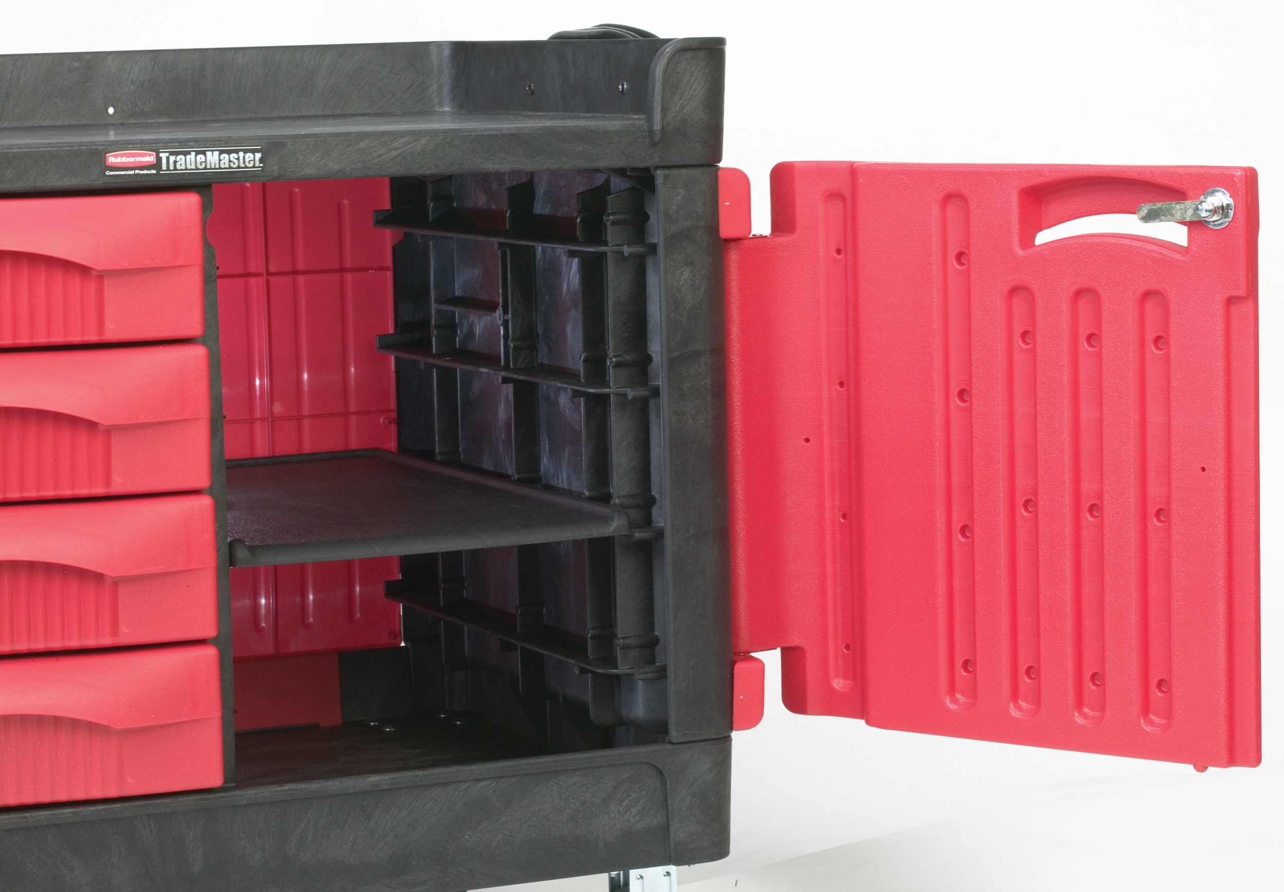 The TradeMaster Cart with 4 Drawers and Cabinet is a complete tool storage and mobile workbench system, with shelving and cabinet configurations to meet any storage needs.
