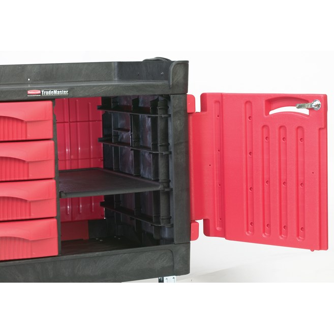 The TradeMaster Cart with 4 Drawers and Cabinet is a complete tool storage and mobile workbench system, with shelving and cabinet configurations to meet any storage needs.