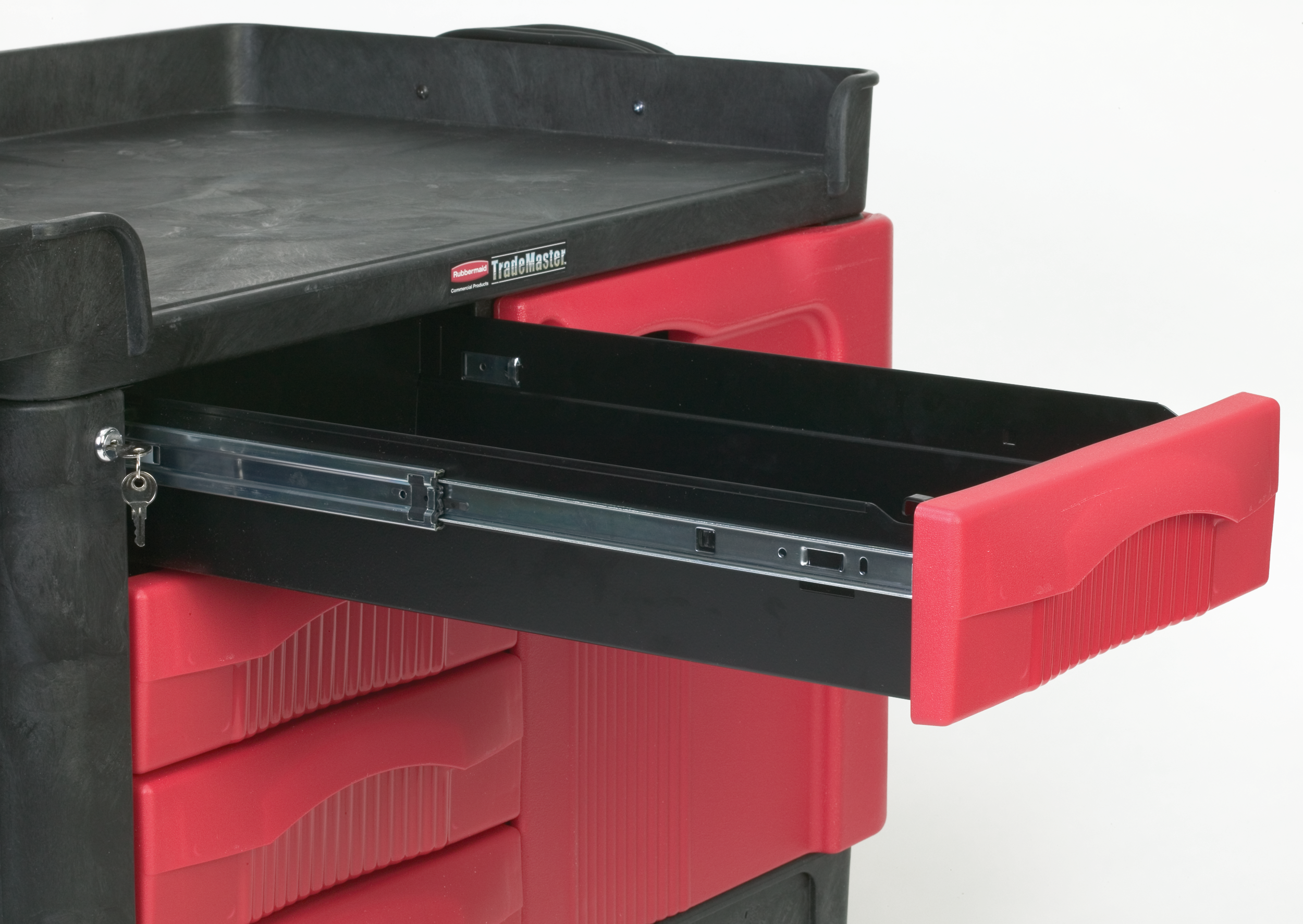 The Rubbermaid Commercial TradeMaster Mobile Work Center Utility Cart, 4 Drawer, easily transports tools and supplies where you need them.