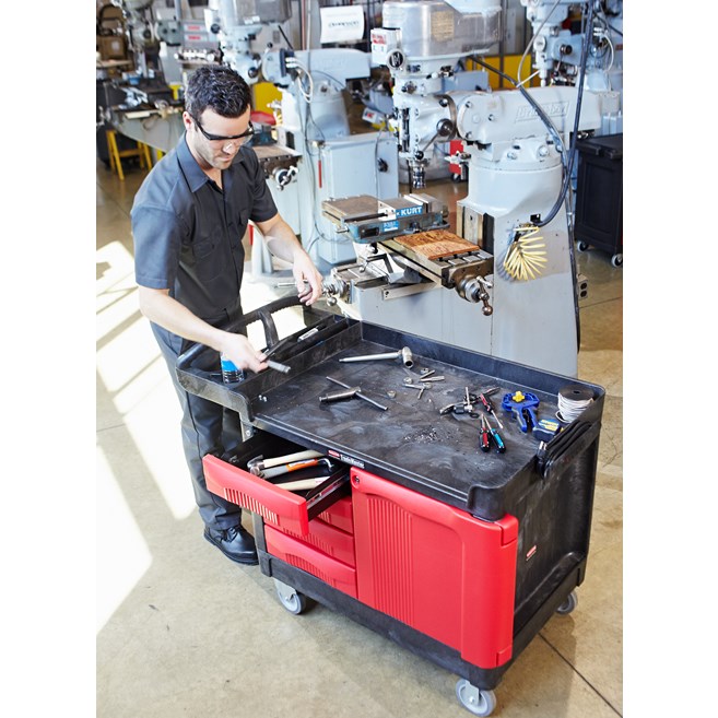 The TradeMaster Cart with 4 Drawers and Cabinet is a complete tool storage and mobile workbench system, with shelving and cabinet configurations to meet any storage needs.