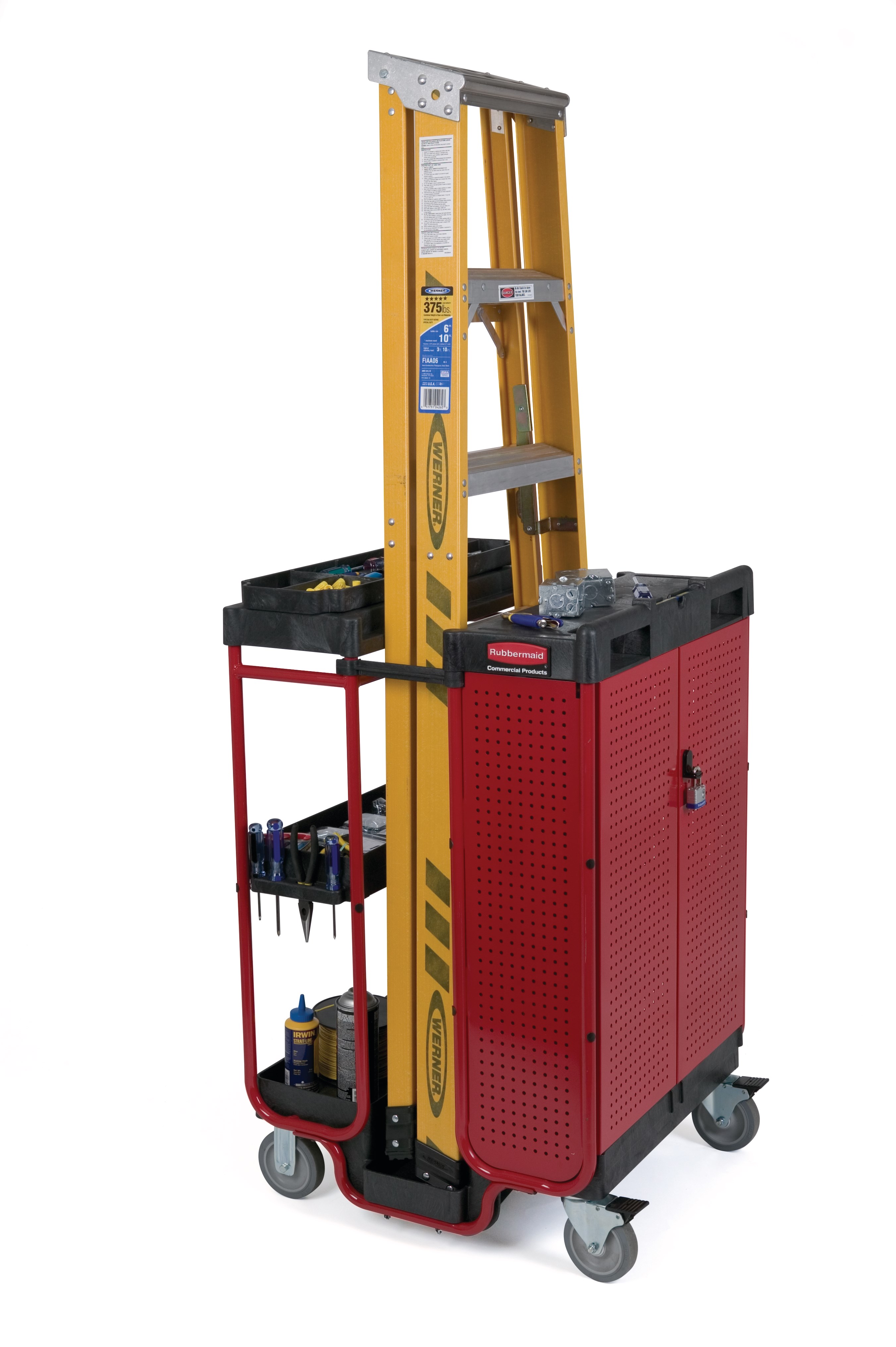 The Rubbermaid Commercial Ladder Cart with Cabinet provides greater mobility, enhanced access, safe ladder handling, and minimal storage requirements.