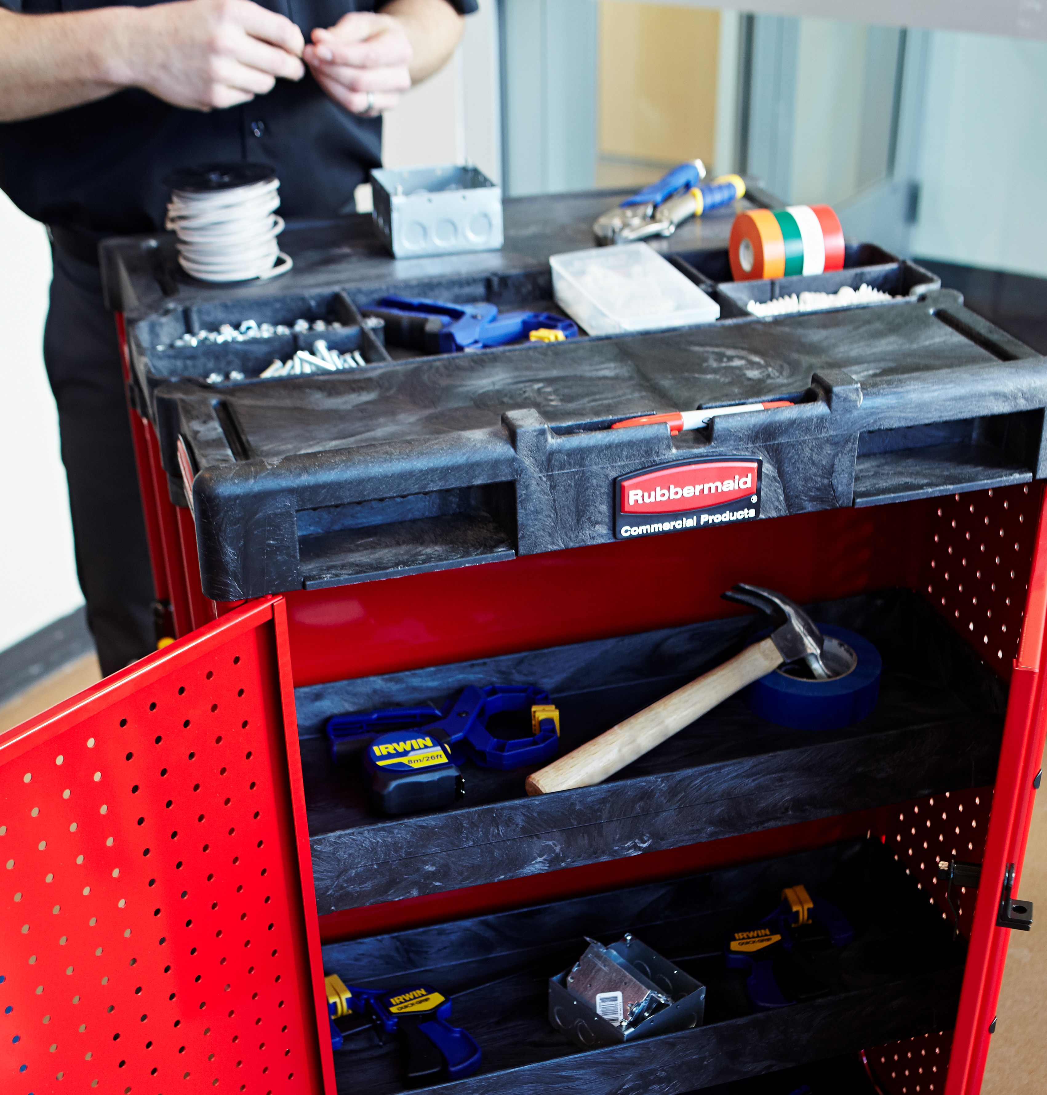 The Rubbermaid Commercial Ladder Cart with Cabinet provides greater mobility, enhanced access, safe ladder handling, and minimal storage requirements.