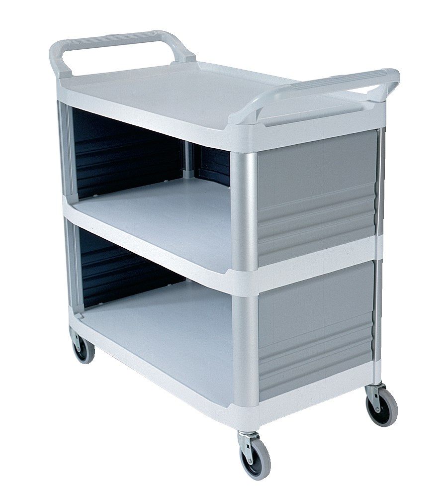 The Rubbermaid Commercial Xtra Utility Cart with Enclosed End Panels is ideal for providing table service and similar tasks.