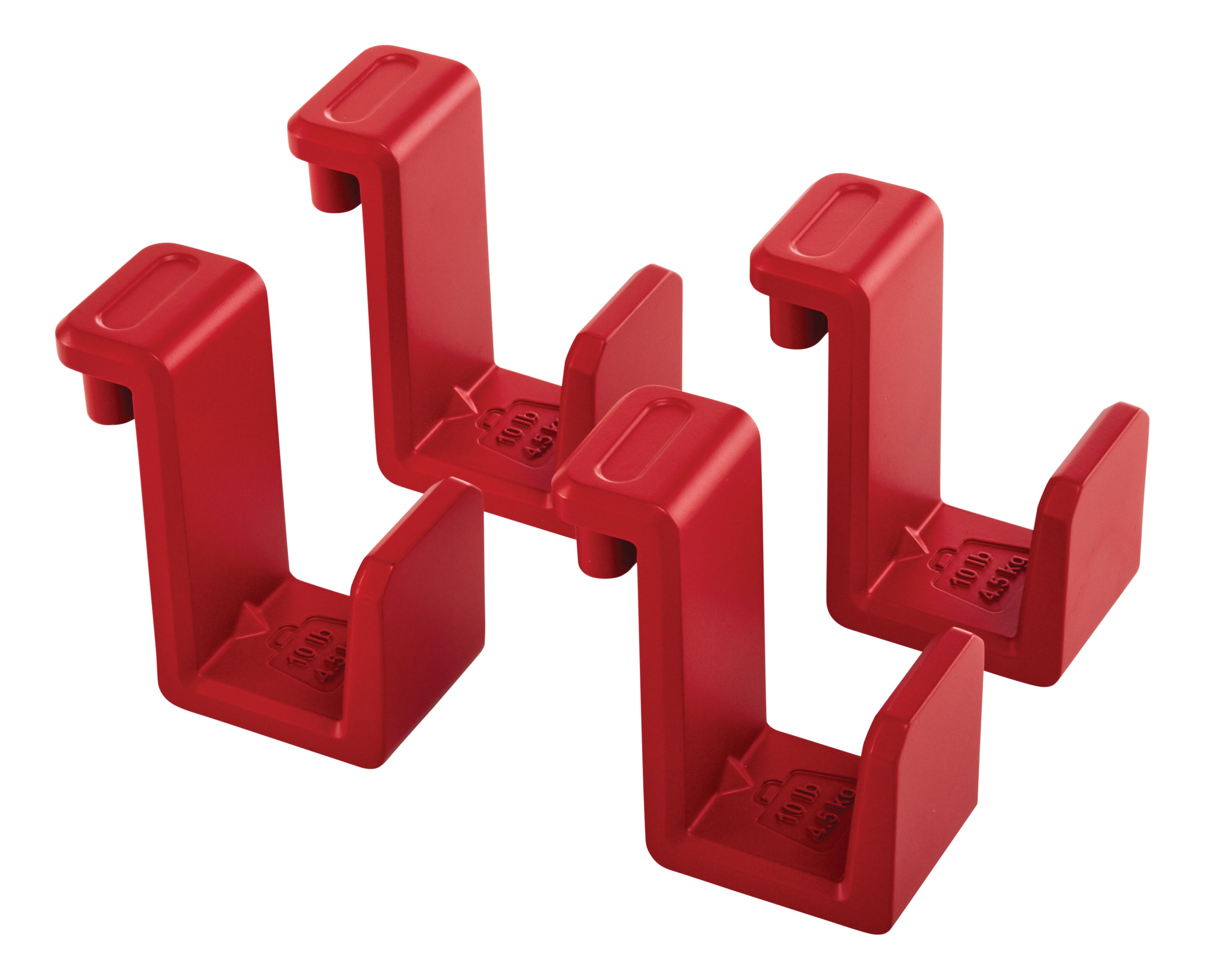 Four pack of Snap-in hooks free up cart shelf space and keeps extension cords and tools within reach, with numerous placement locations along the rim of RCP Heavy Duty Adaptable Carts. Compatible with RCP SKUs 1997206, 1997207, 1997208, and 1997209.