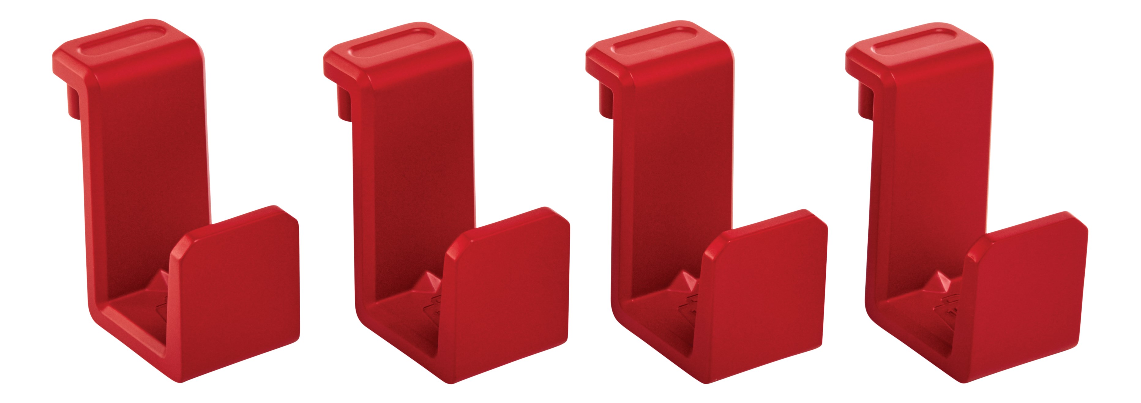 Four pack of Snap-in hooks free up cart shelf space and keeps extension cords and tools within reach, with numerous placement locations along the rim of RCP Heavy Duty Adaptable Carts. Compatible with RCP SKUs 1997206, 1997207, 1997208, and 1997209.