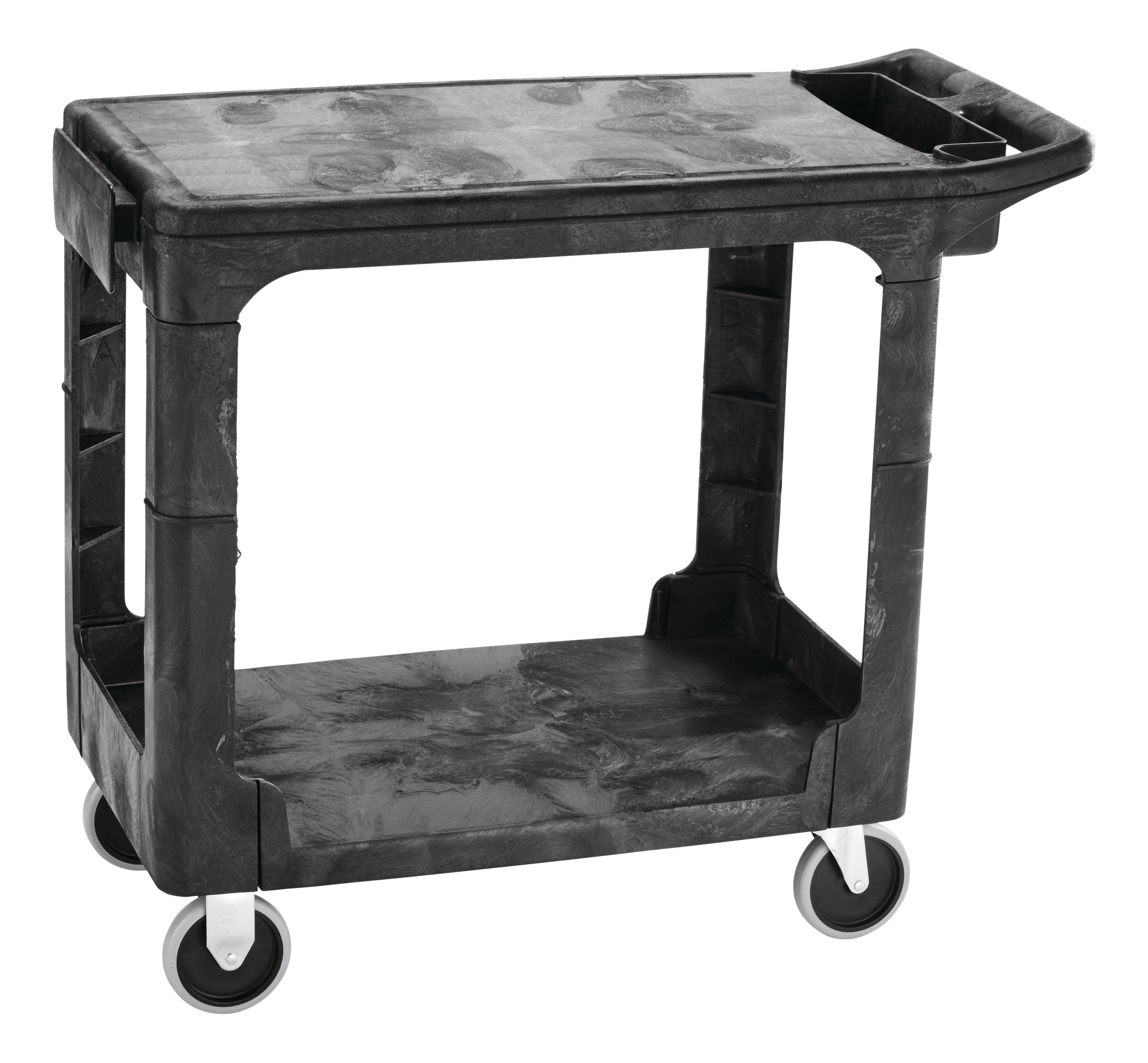Heavy-Duty Utility Cart with Flat Shelf transports materials, supplies, and heavy loads securely with up to 500 lbs. load capacity. The flat shelf provides a large work surface for oversized loads.