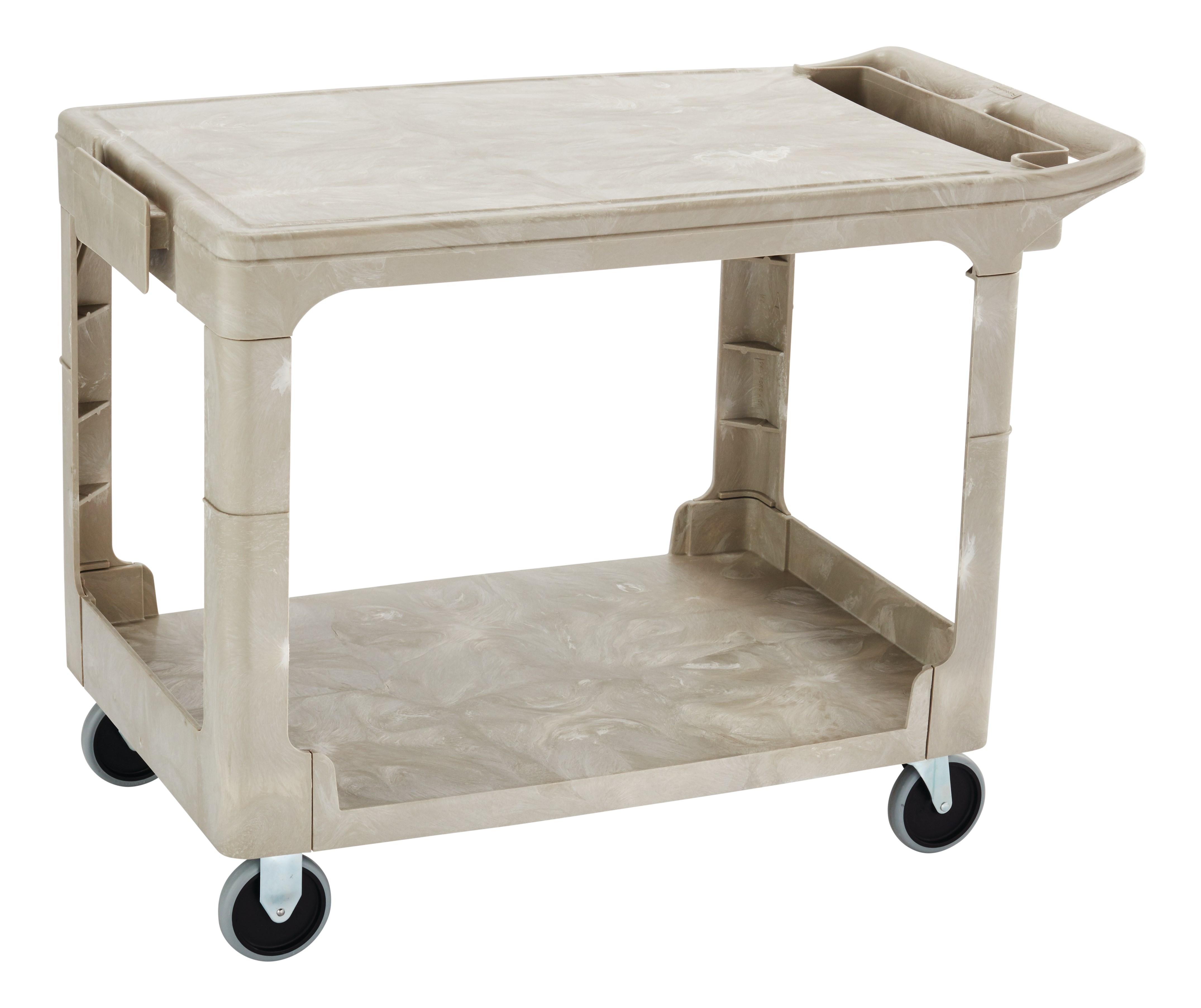 Heavy-Duty Utility Cart with Flat Shelf transports materials, supplies, and heavy loads securely with up to 500 lbs. load capacity. The flat shelf provides a large work surface for oversized loads.