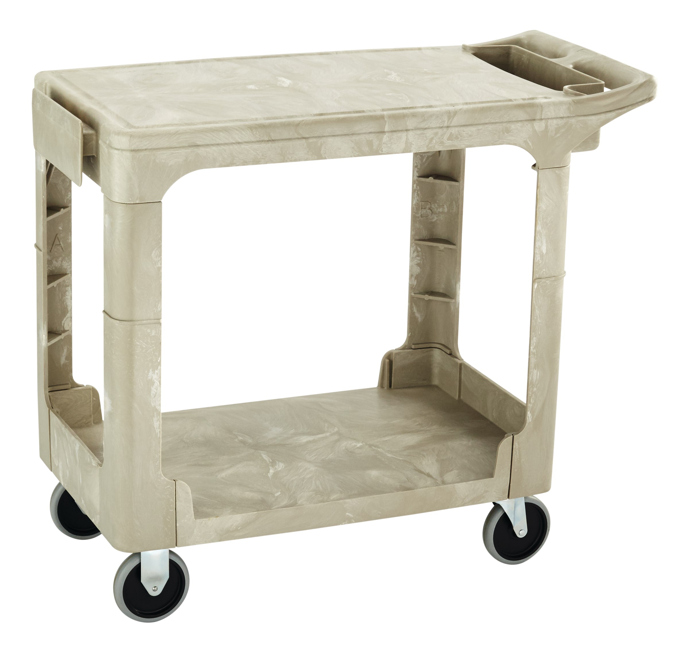 Heavy-Duty Utility Cart with Flat Shelf transports materials, supplies, and heavy loads securely with up to 500 lbs. load capacity. The flat shelf provides a large work surface for oversized loads.