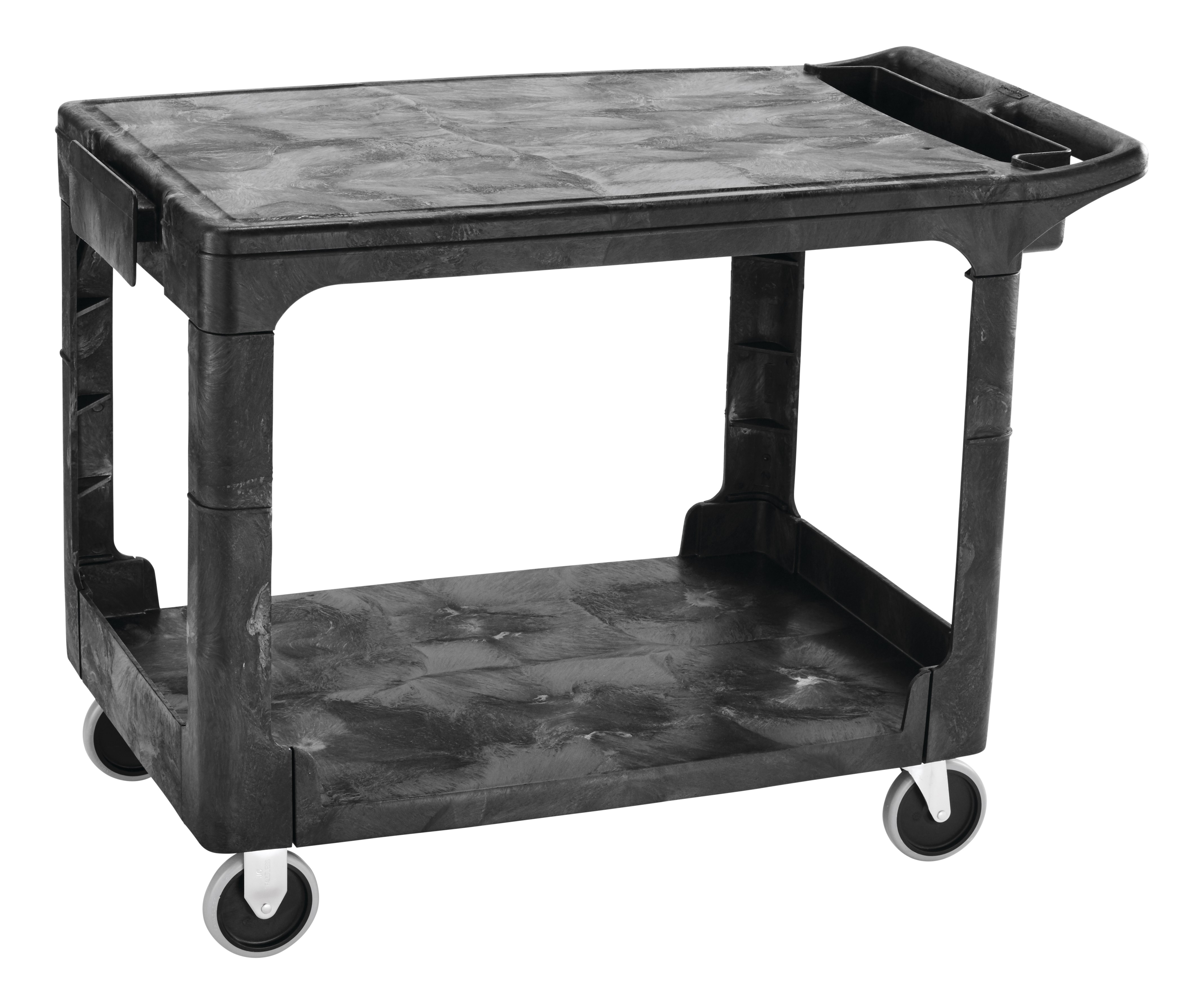 Heavy-Duty Utility Cart with Flat Shelf transports materials, supplies, and heavy loads securely with up to 500 lbs. load capacity. The flat shelf provides a large work surface for oversized loads.