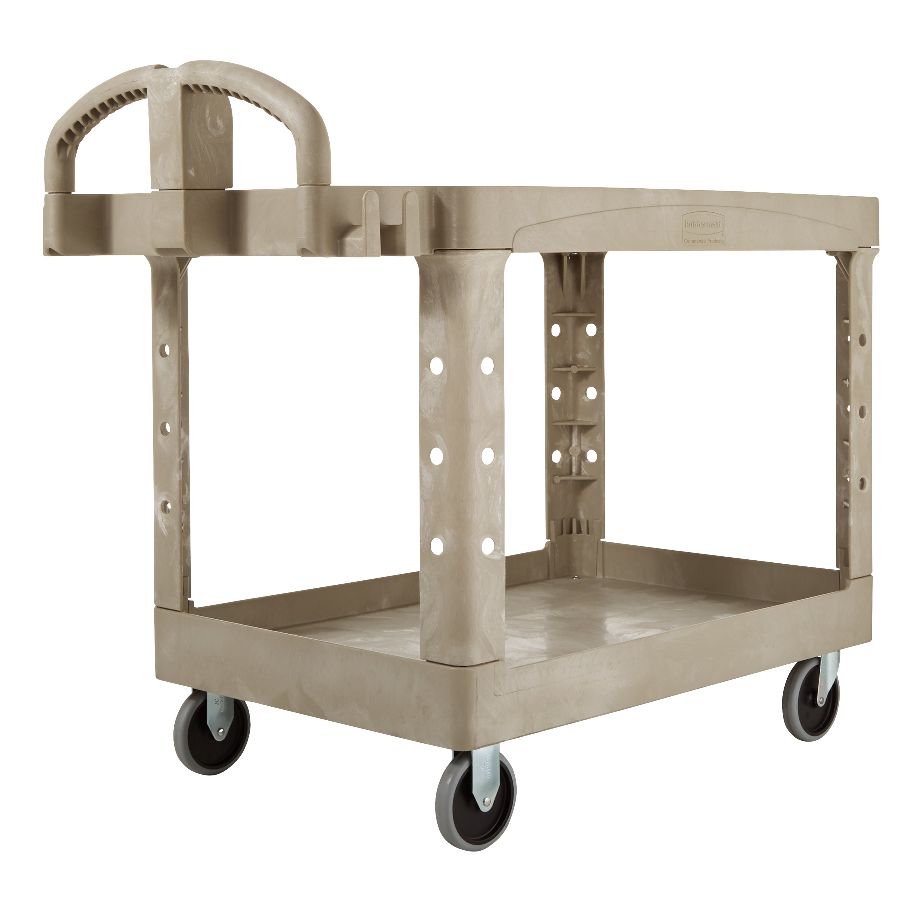 Heavy-Duty Utility Cart with Flat Shelf transports materials, supplies, and heavy loads securely with up to 500 lbs. load capacity. The flat shelf provides a large work surface for oversized loads.