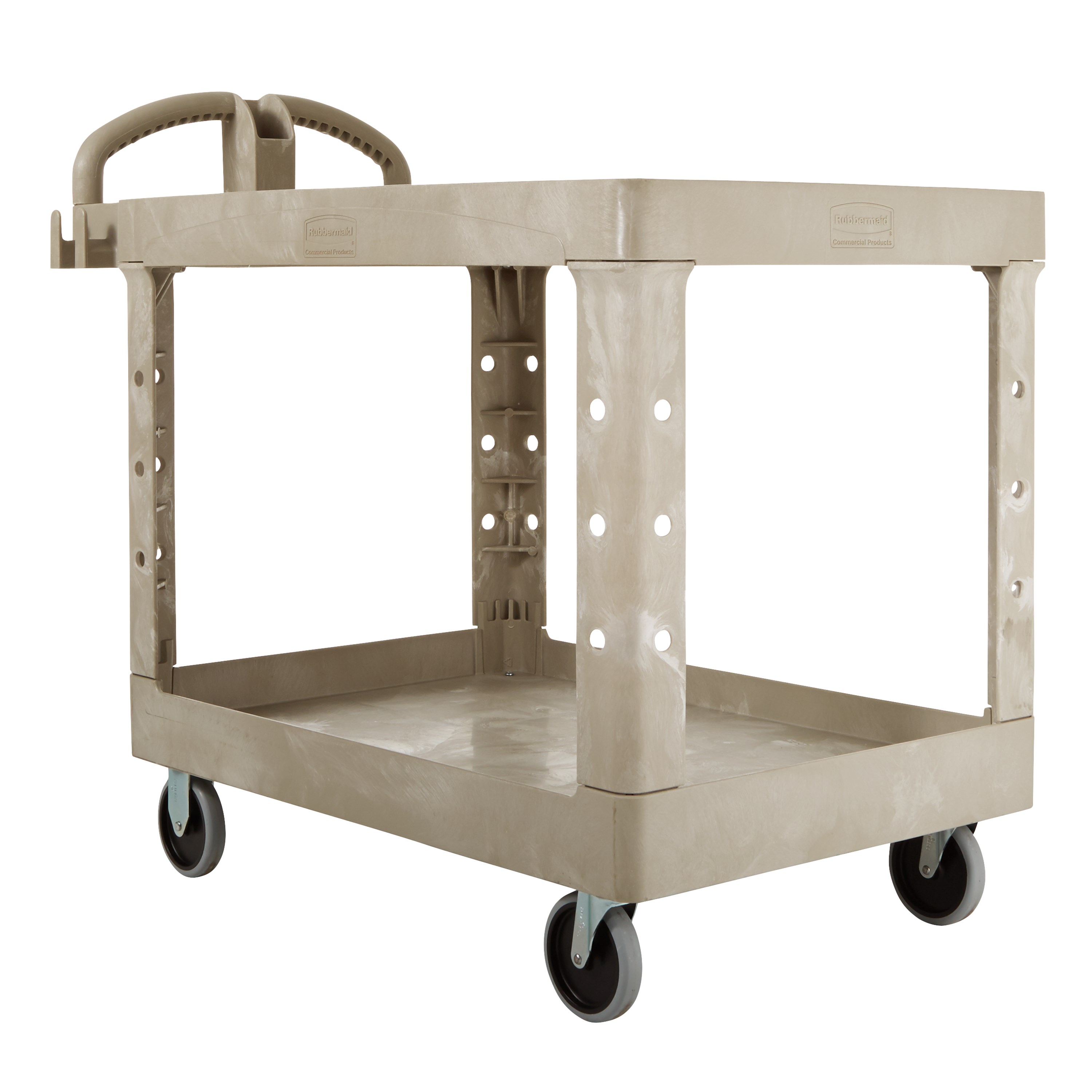 Heavy-Duty Utility Cart with Flat Shelf transports materials, supplies, and heavy loads securely with up to 500 lbs. load capacity. The flat shelf provides a large work surface for oversized loads.