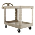 Heavy-Duty Utility Cart with Flat Shelf transports materials, supplies, and heavy loads securely with up to 500 lbs. load capacity. The flat shelf provides a large work surface for oversized loads.