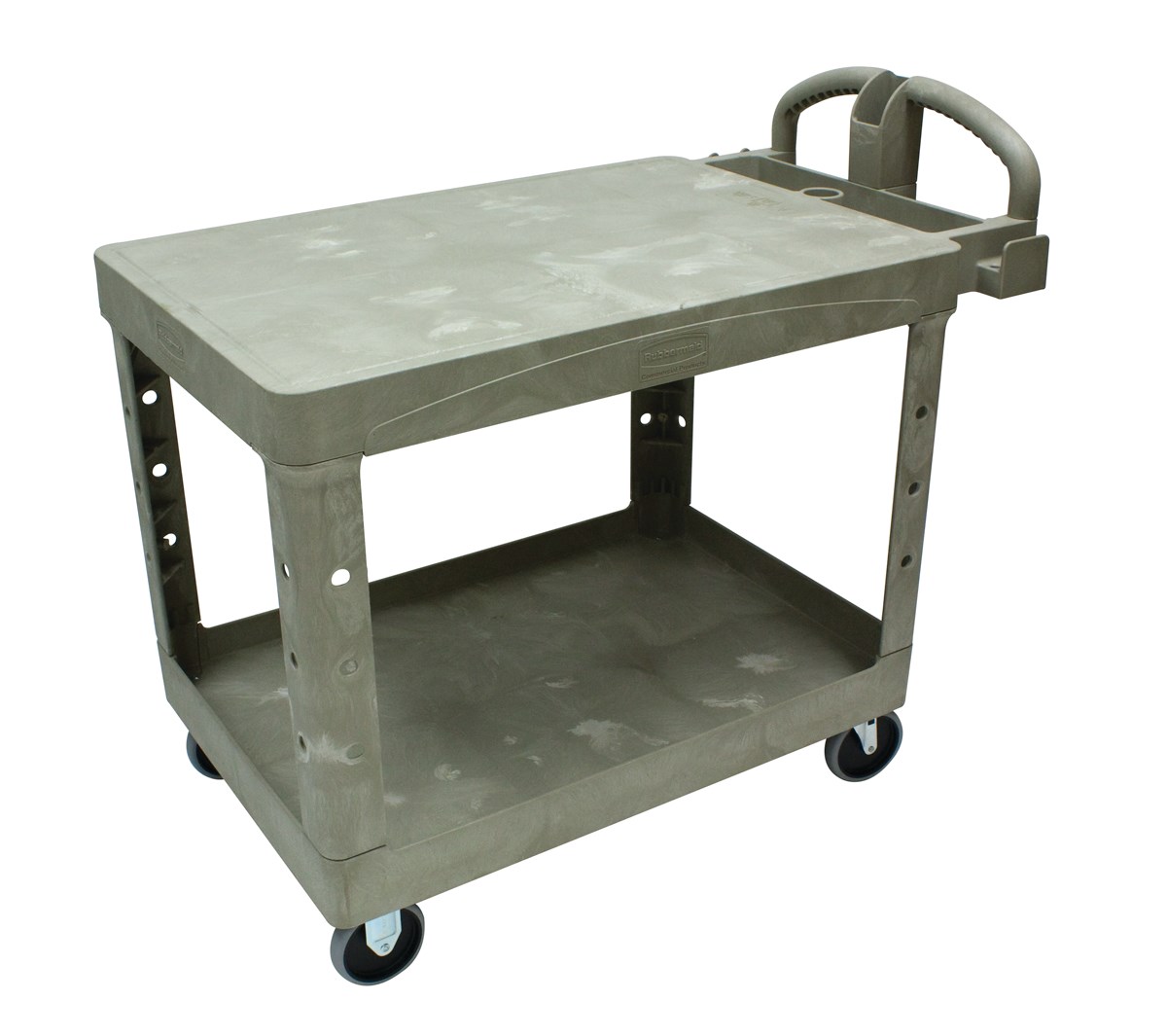 Heavy-Duty Utility Cart with Flat Shelf transports materials, supplies, and heavy loads securely with up to 500 lbs. load capacity. The flat shelf provides a large work surface for oversized loads.