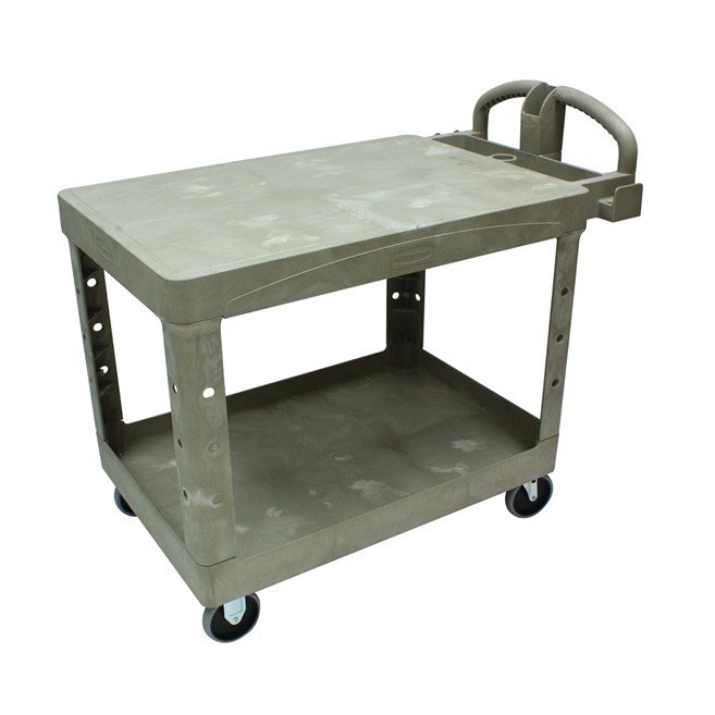 Heavy-Duty Utility Cart with Flat Shelf transports materials, supplies, and heavy loads securely with up to 500 lbs. load capacity. The flat shelf provides a large work surface for oversized loads.