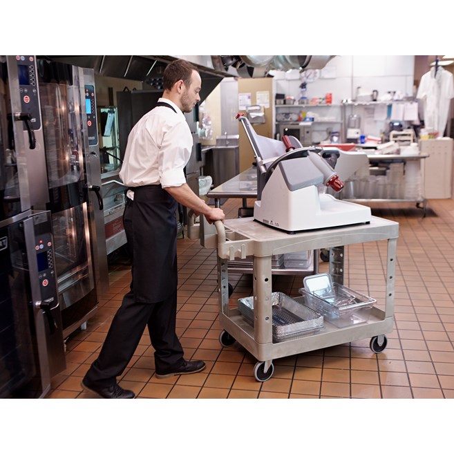 The Rubbermaid Commercial Heavy Duty 2 Shelf Utility Cart. High-density structural foam construction makes this cart sturdy, lightweight, and maneuverable.