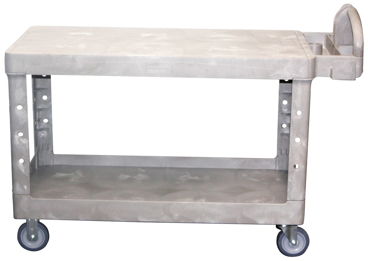 The Rubbermaid Commercial Heavy Duty 2 Shelf Utility Cart. High-density structural foam construction makes this cart sturdy, lightweight, and maneuverable.
