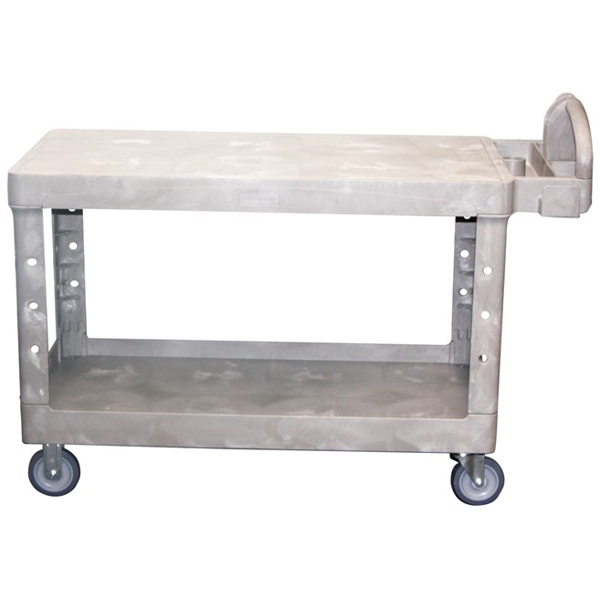 The Rubbermaid Commercial Heavy Duty 2 Shelf Utility Cart. High-density structural foam construction makes this cart sturdy, lightweight, and maneuverable.