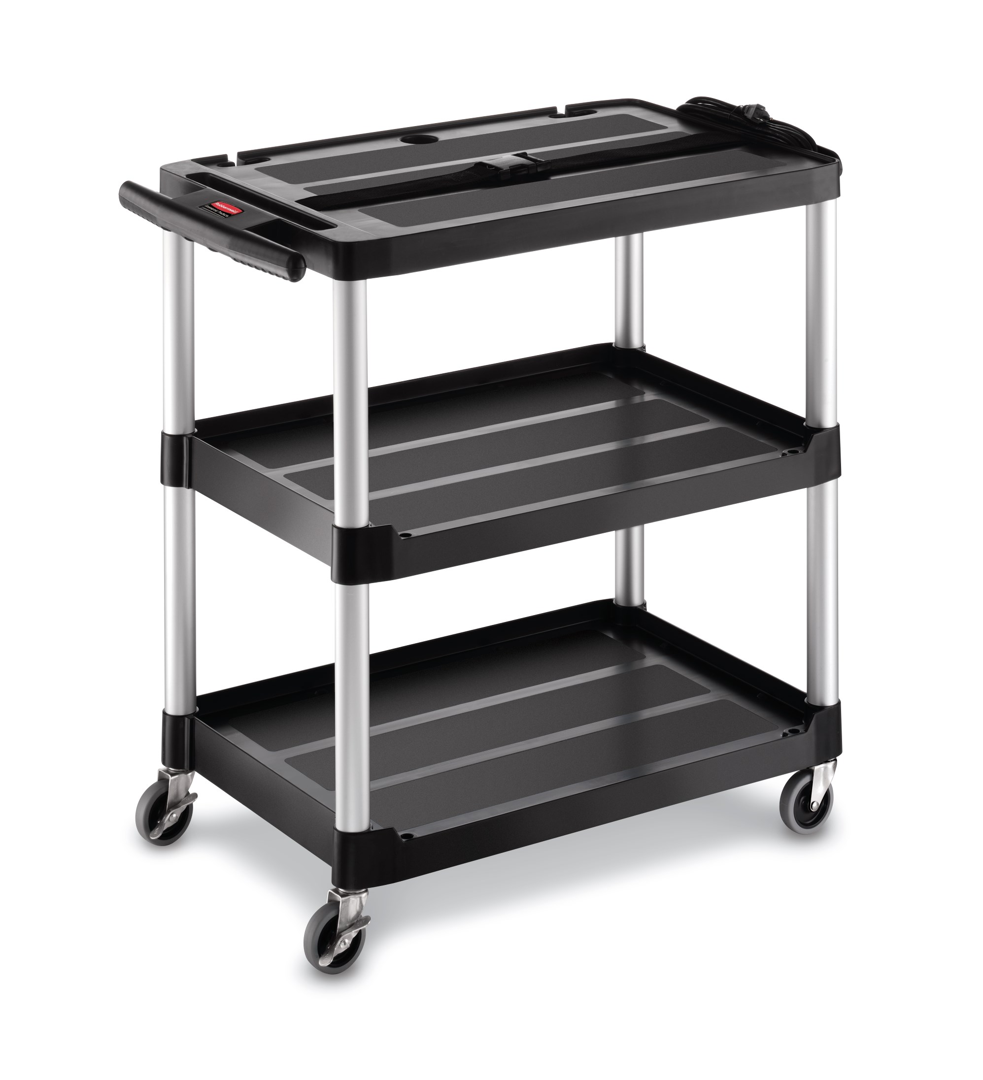 The Rubbermaid Commercial Utility Cart features three shelves.