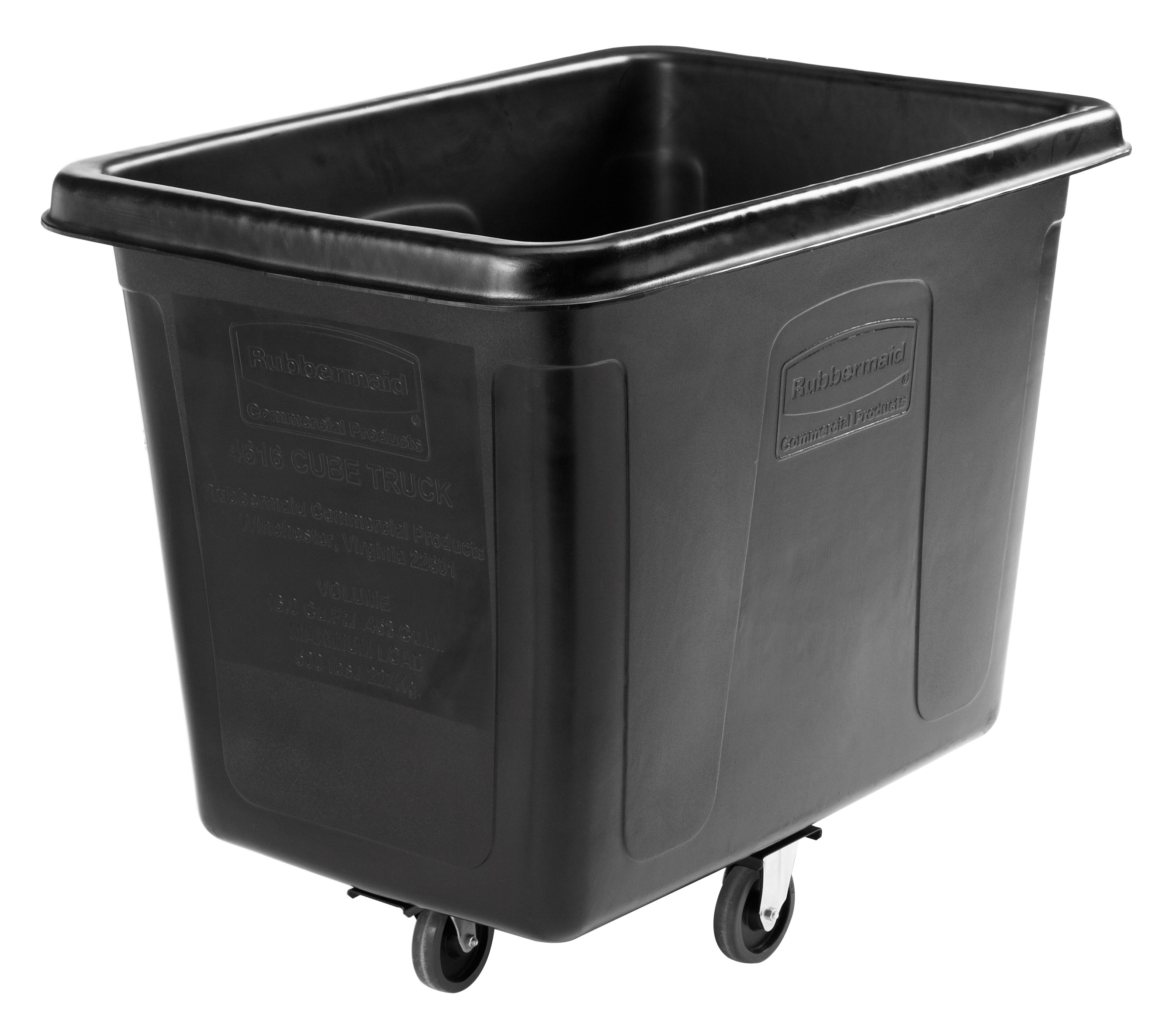 The Rubbermaid Commercial 1867537 Executive Series 16 Cubic Feet Cube Truck, 500 lbs load capacity, 43.7" x 31" x 37", Quiet Casters, Black.