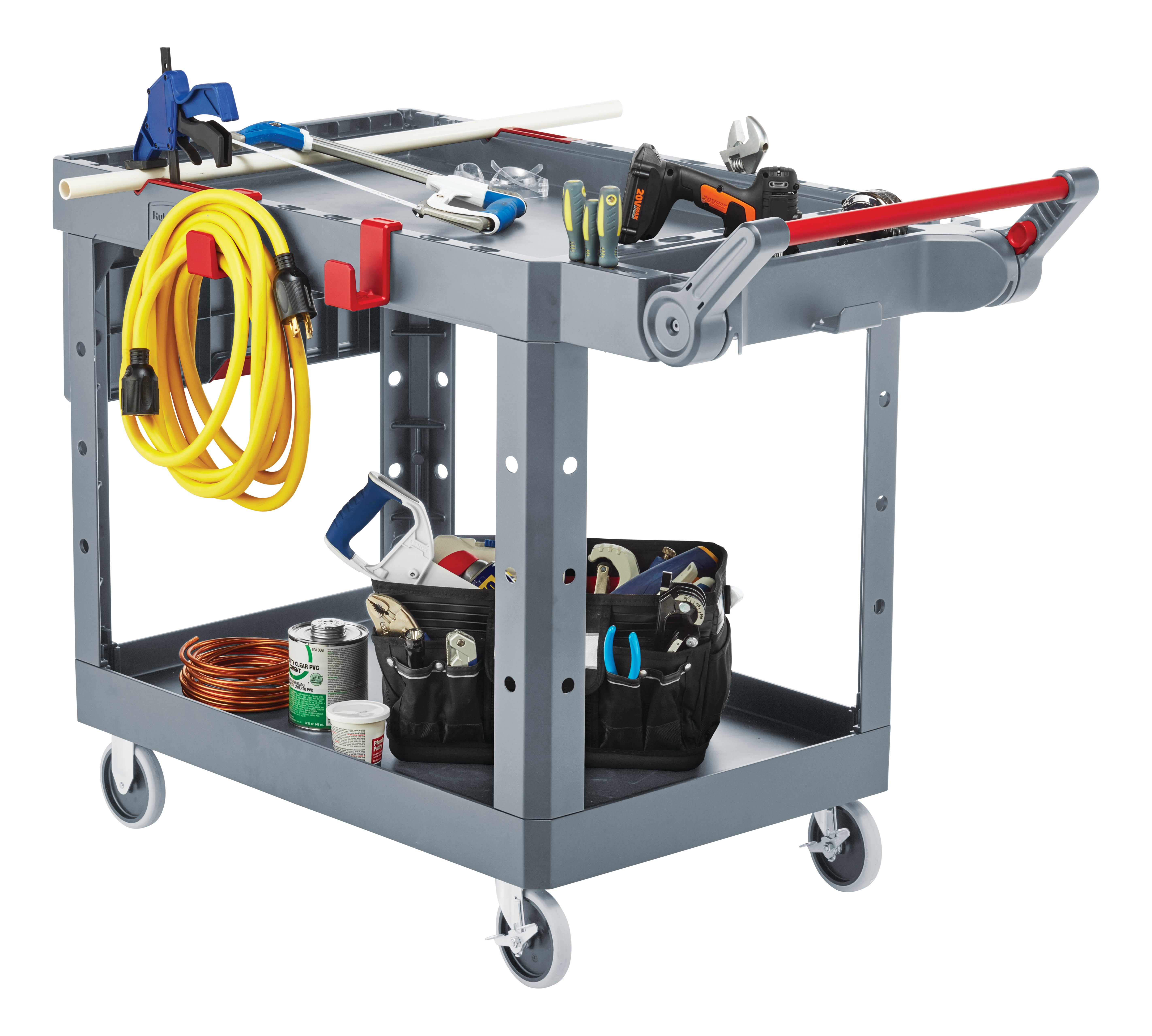 The Heavy Duty Adaptable Cart from Rubbermaid Commercial provides superior versatility for tackling whatever task is at hand. It reduces the need for time-consuming user modifications with a variety of integrated features including: an ergonomic adjustable handle with four positions for maximum comfort, a flip-up shelf, locking casters, and numerous storage features designed to help organize tools and small parts.