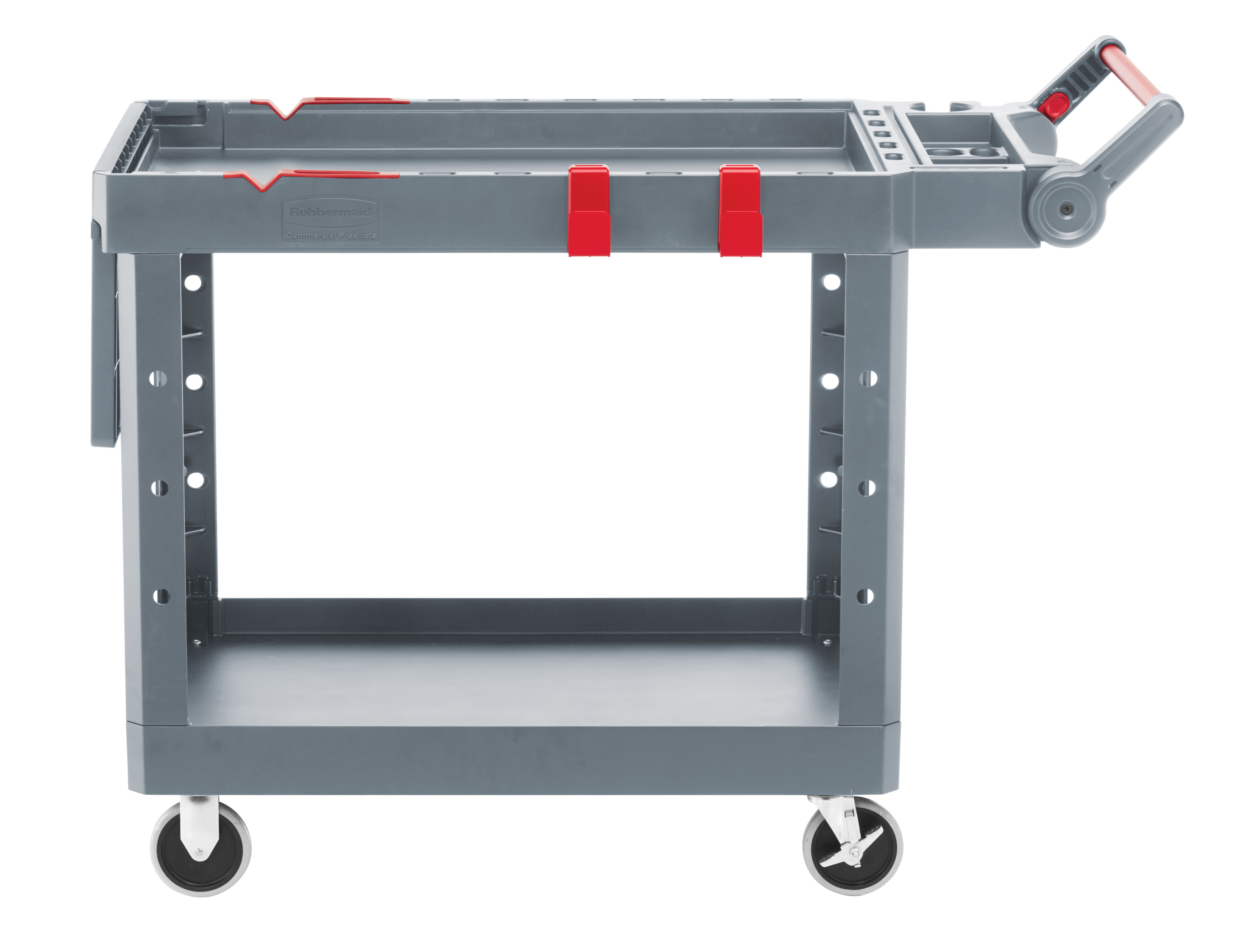 The Heavy Duty Adaptable Cart from Rubbermaid Commercial provides superior versatility for tackling whatever task is at hand. It reduces the need for time-consuming user modifications with a variety of integrated features including: an ergonomic adjustable handle with four positions for maximum comfort, a flip-up shelf, locking casters, and numerous storage features designed to help organize tools and small parts.