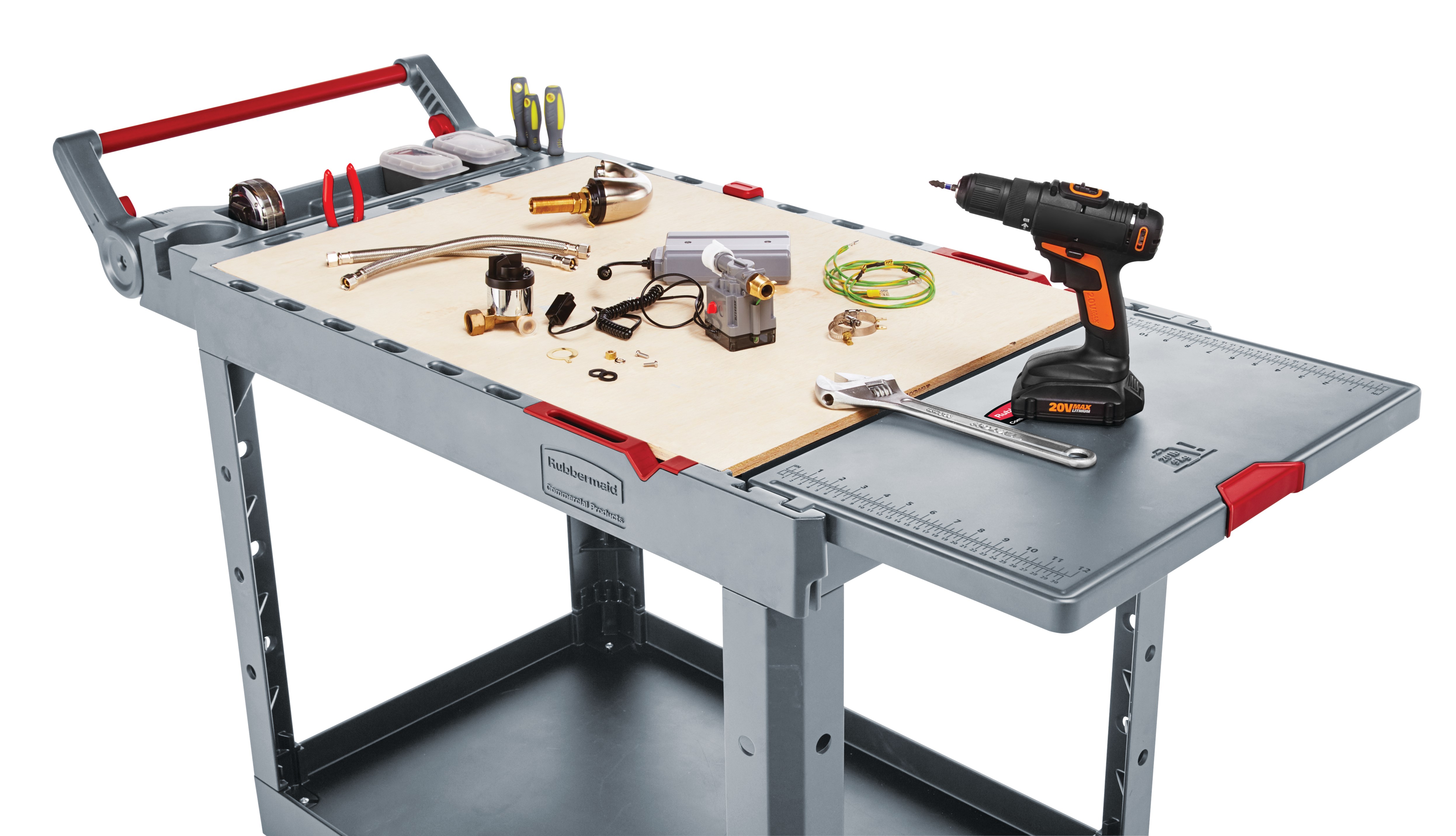 The Heavy Duty Adaptable Cart from Rubbermaid Commercial provides superior versatility for tackling whatever task is at hand. It reduces the need for time-consuming user modifications with a variety of integrated features including: an ergonomic adjustable handle with four positions for maximum comfort, a flip-up shelf, locking casters, and numerous storage features designed to help organize tools and small parts.
