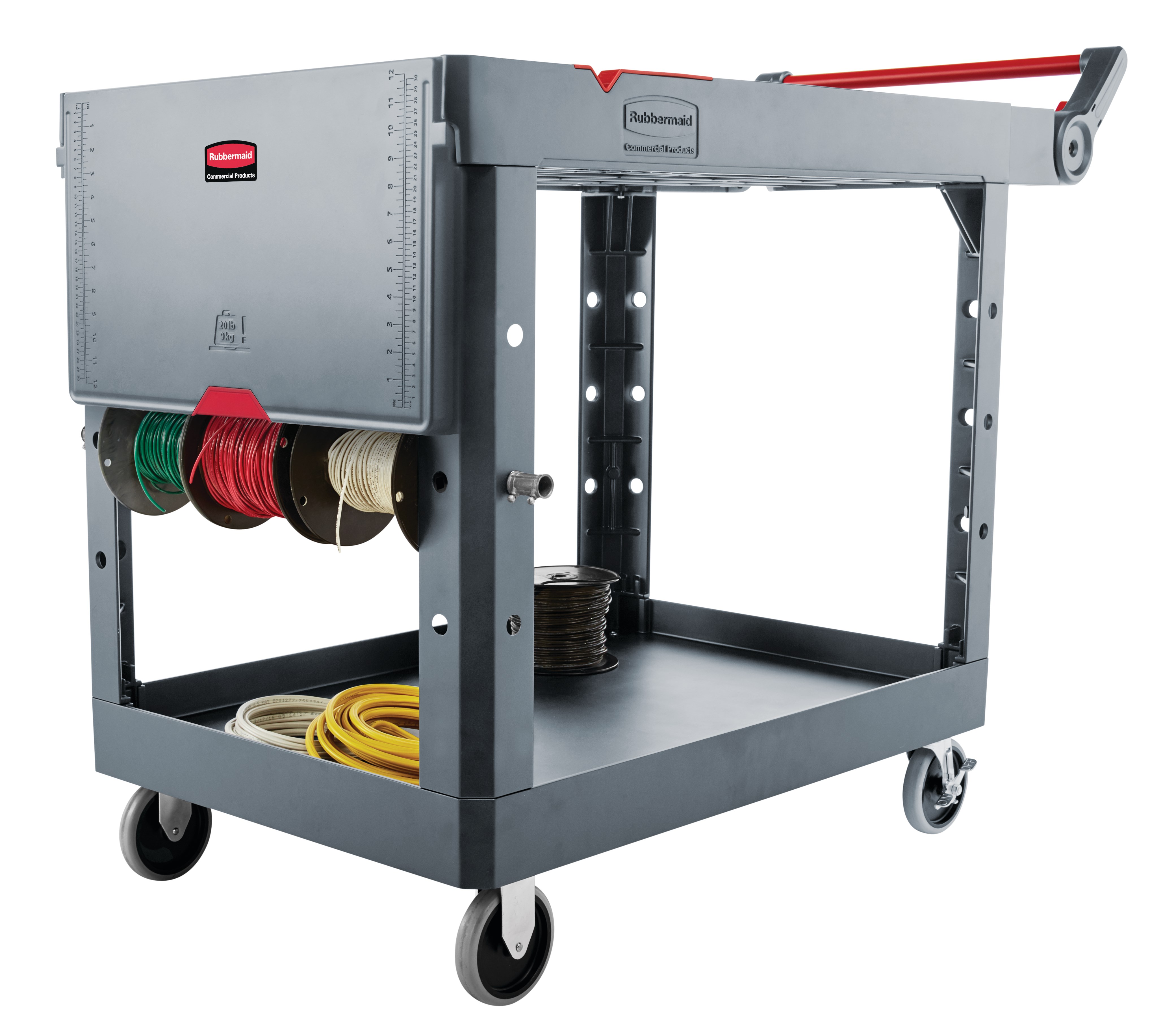 The Heavy Duty Adaptable Cart from Rubbermaid Commercial provides superior versatility for tackling whatever task is at hand. It reduces the need for time-consuming user modifications with a variety of integrated features including: an ergonomic adjustable handle with four positions for maximum comfort, a flip-up shelf, locking casters, and numerous storage features designed to help organize tools and small parts.