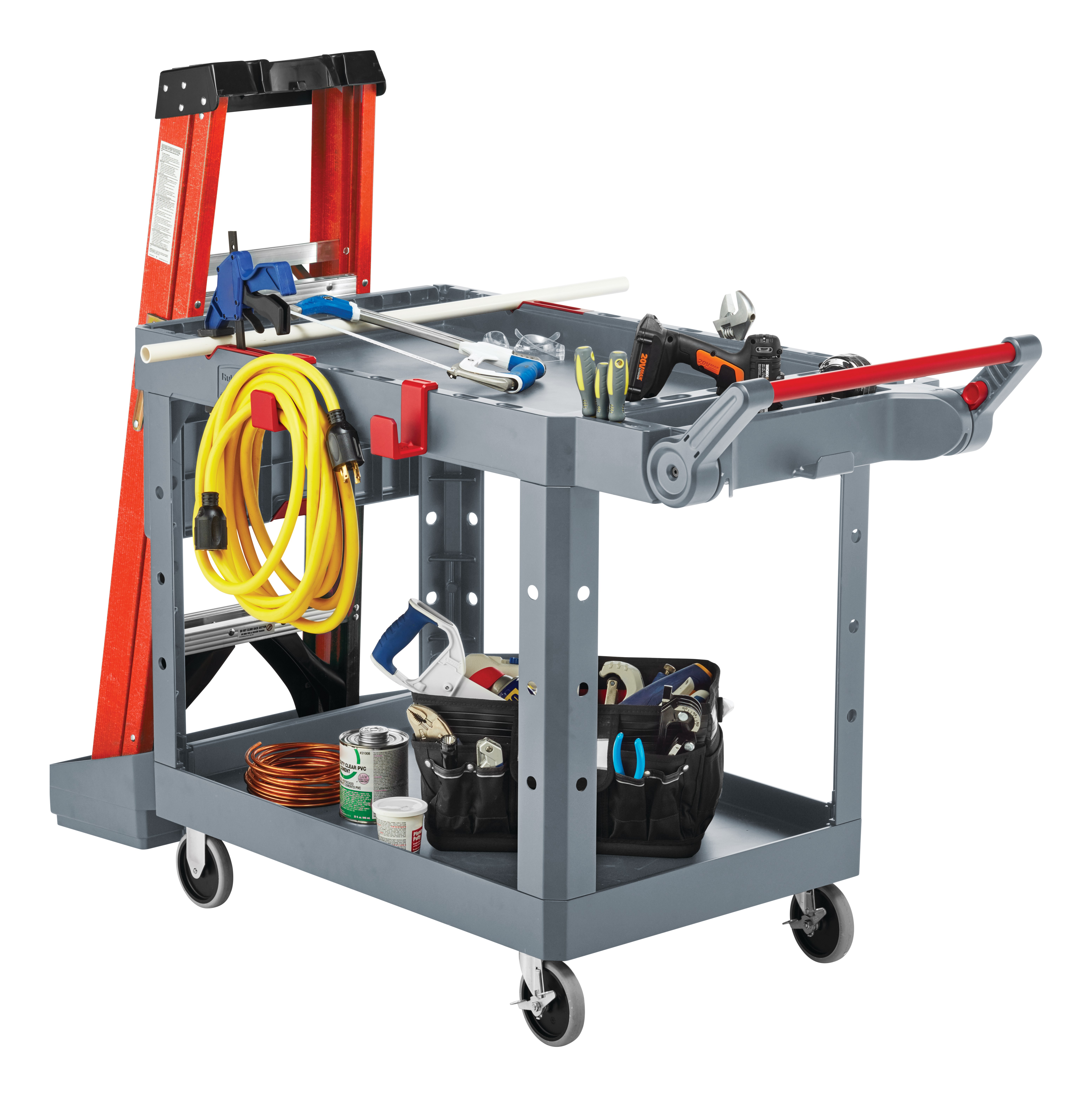The Heavy Duty Adaptable Cart from Rubbermaid Commercial provides superior versatility for tackling whatever task is at hand. It reduces the need for time-consuming user modifications with a variety of integrated features including: an ergonomic adjustable handle with four positions for maximum comfort, a flip-up shelf, locking casters, and numerous storage features designed to help organize tools and small parts.