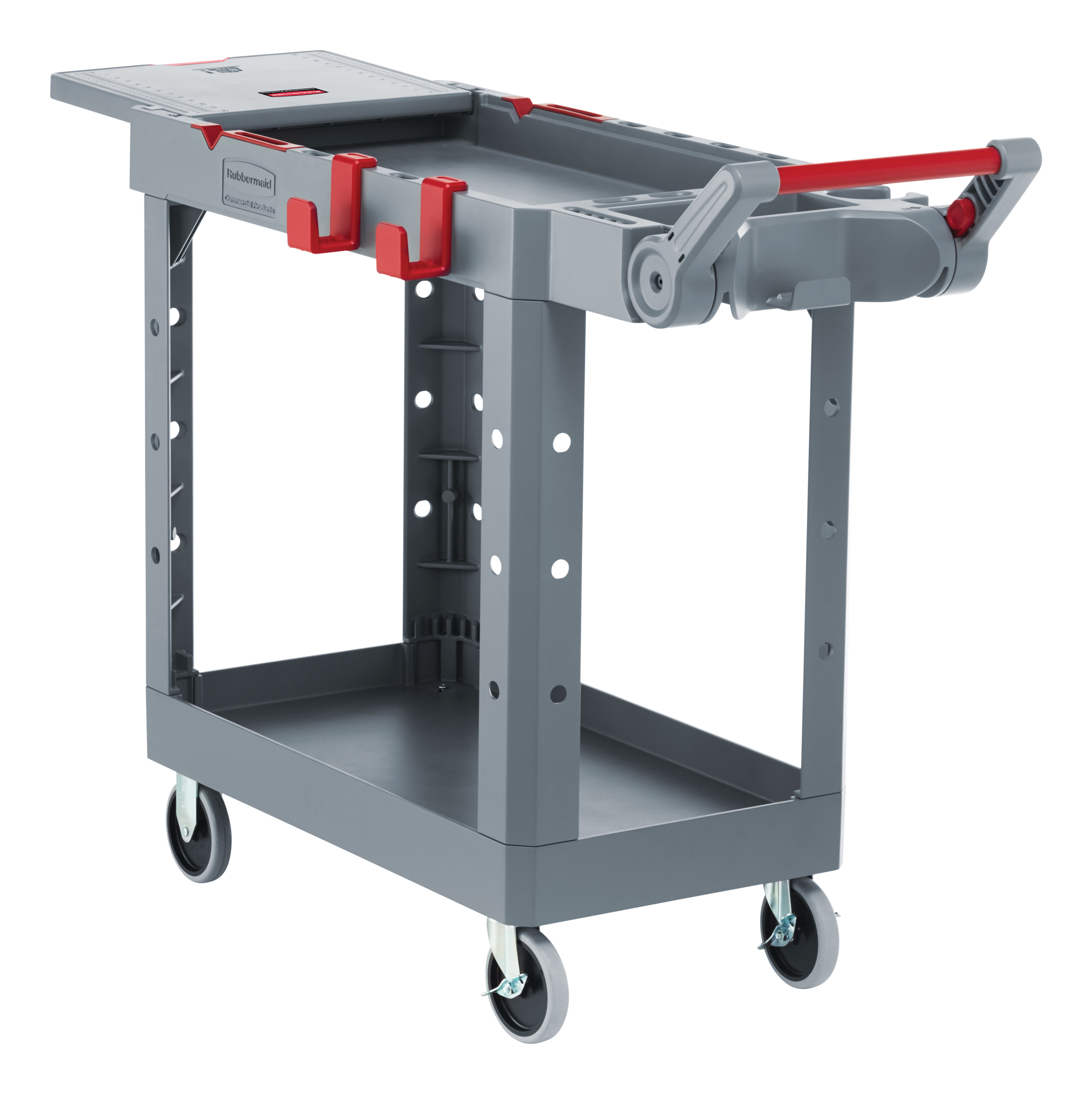 The Heavy Duty Adaptable Cart from Rubbermaid Commercial provides superior versatility for tackling whatever task is at hand. It reduces the need for time-consuming user modifications with a variety of integrated features including: an ergonomic adjustable handle with four positions for maximum comfort, a flip-up shelf, locking casters, and numerous storage features designed to help organize tools and small parts.