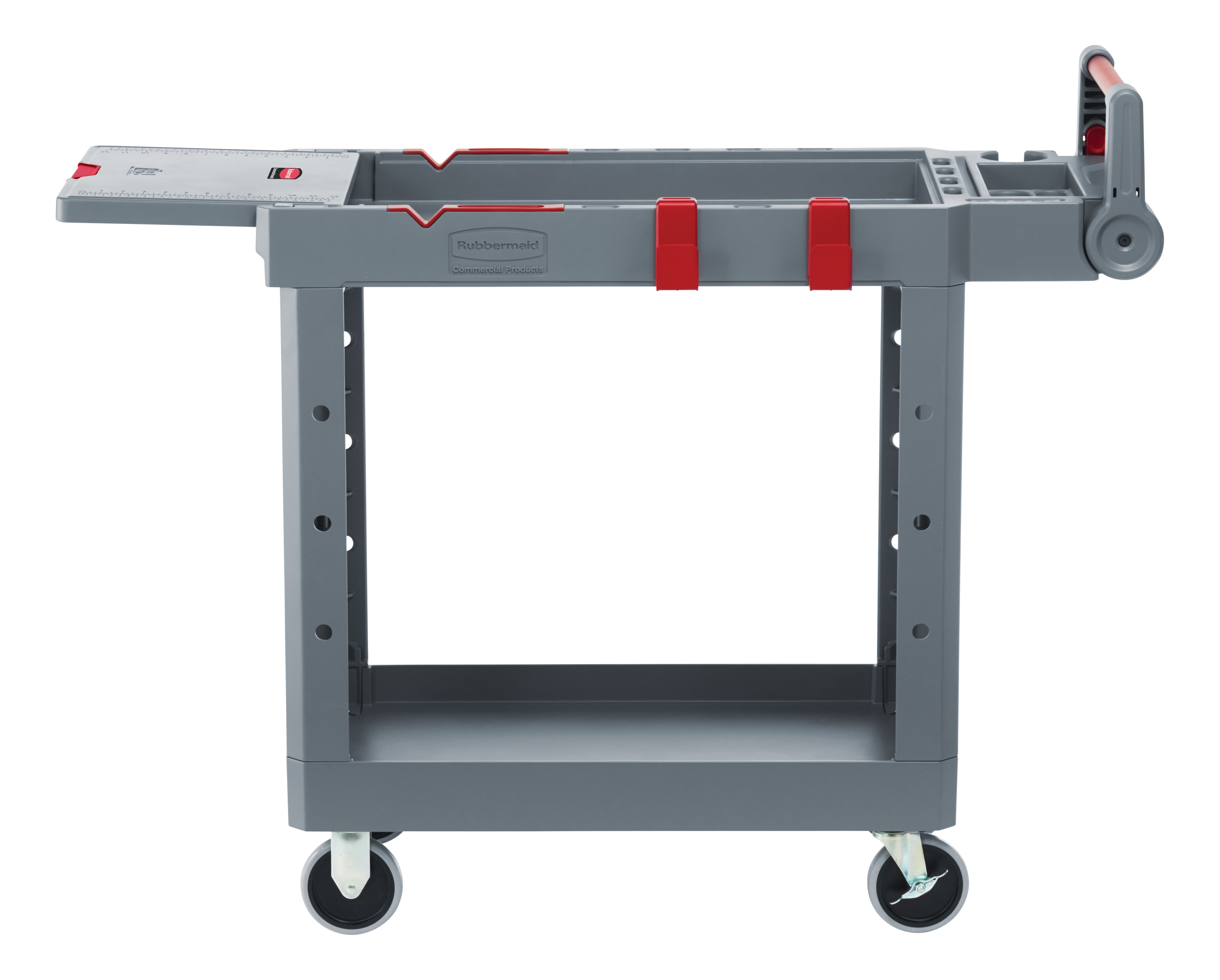The Heavy Duty Adaptable Cart from Rubbermaid Commercial provides superior versatility for tackling whatever task is at hand. It reduces the need for time-consuming user modifications with a variety of integrated features including: an ergonomic adjustable handle with four positions for maximum comfort, a flip-up shelf, locking casters, and numerous storage features designed to help organize tools and small parts.