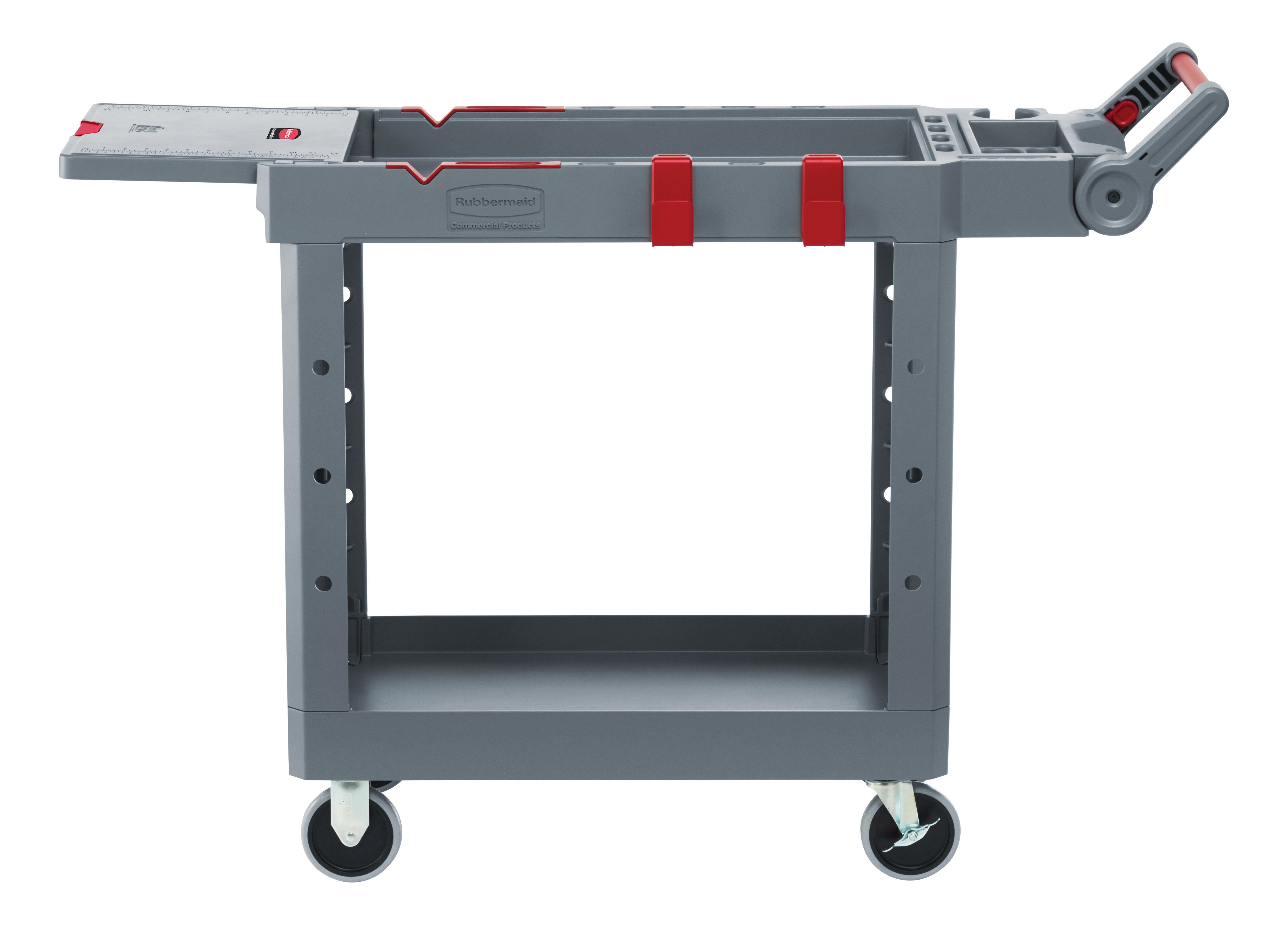 The Heavy Duty Adaptable Cart from Rubbermaid Commercial provides superior versatility for tackling whatever task is at hand. It reduces the need for time-consuming user modifications with a variety of integrated features including: an ergonomic adjustable handle with four positions for maximum comfort, a flip-up shelf, locking casters, and numerous storage features designed to help organize tools and small parts.