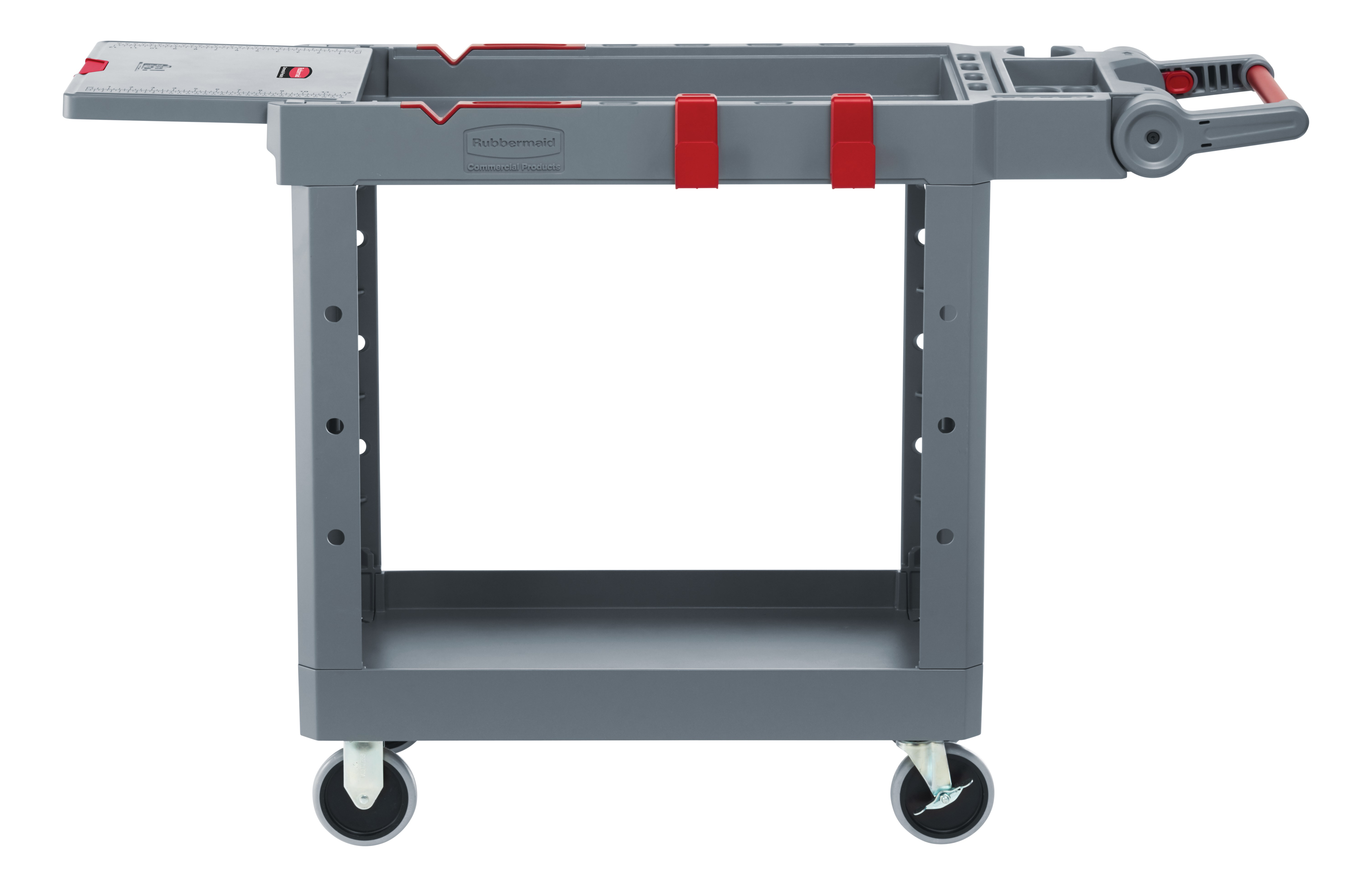 The Heavy Duty Adaptable Cart from Rubbermaid Commercial provides superior versatility for tackling whatever task is at hand. It reduces the need for time-consuming user modifications with a variety of integrated features including: an ergonomic adjustable handle with four positions for maximum comfort, a flip-up shelf, locking casters, and numerous storage features designed to help organize tools and small parts.
